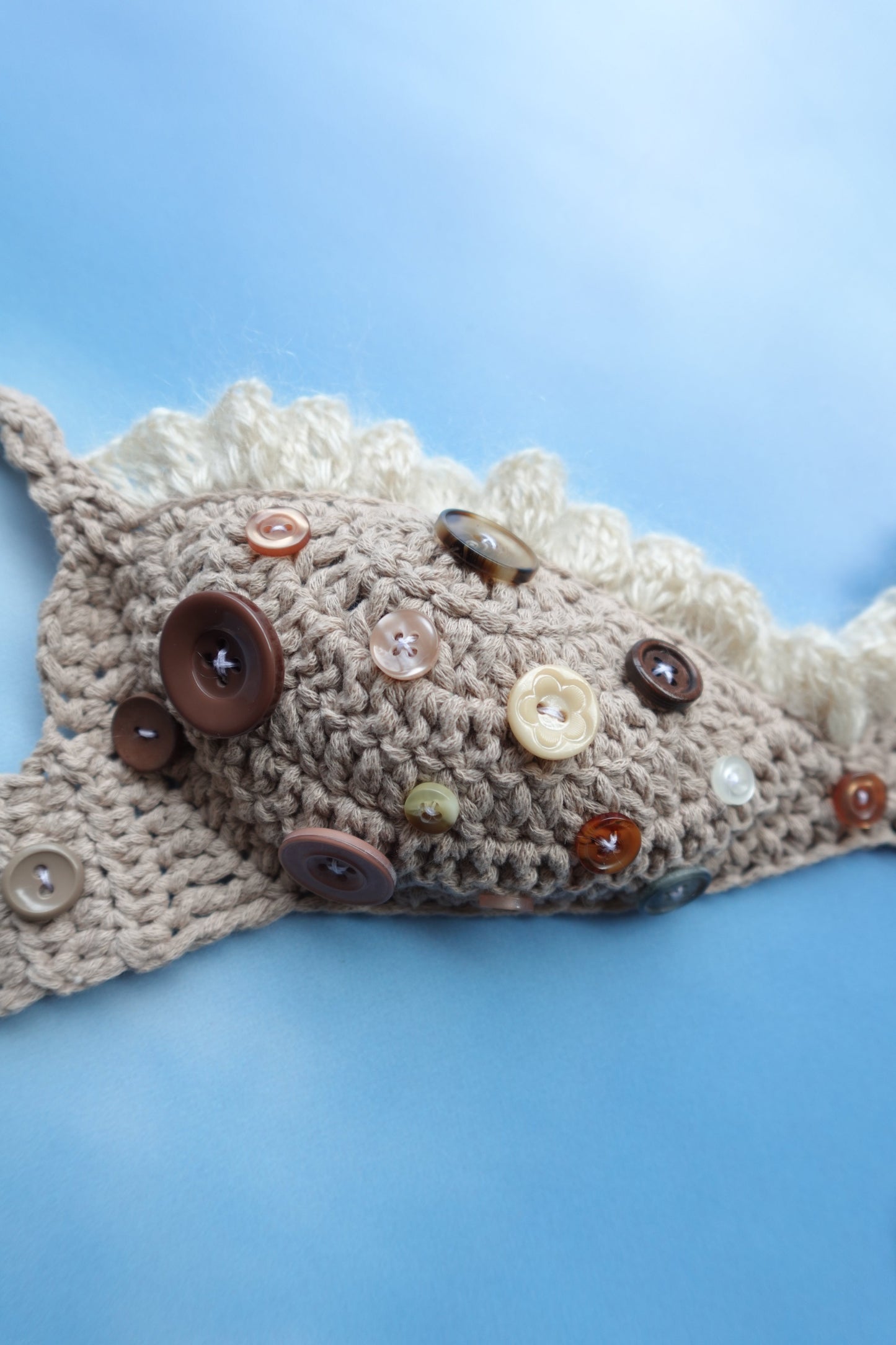 Beige & White Crochet Frill Bra with Buttons