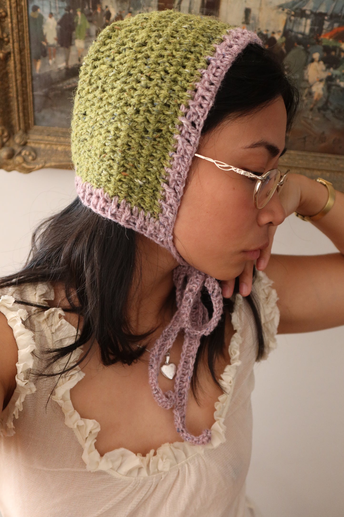 Green & Purple Felted Tweed Bowtie Bonnet
