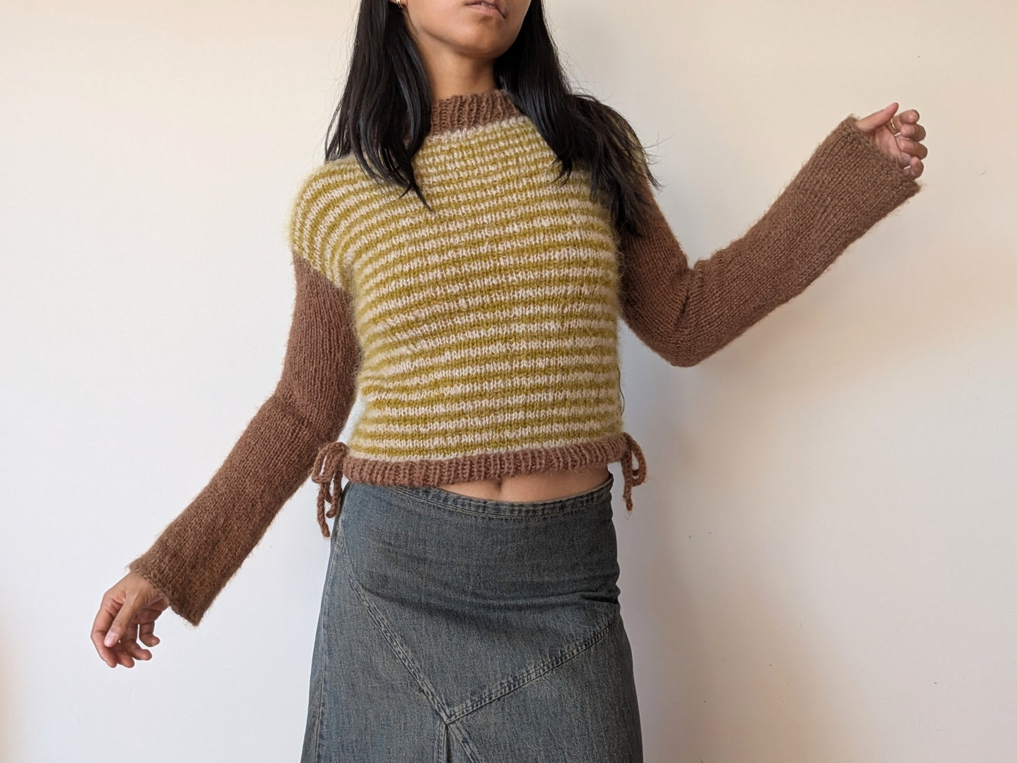 Hand Knit Mohair & Alpaca Sweater in Pistachio & Espresso Brown