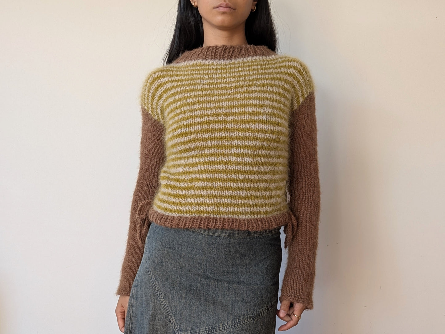 Hand Knit Mohair & Alpaca Sweater in Pistachio & Espresso Brown