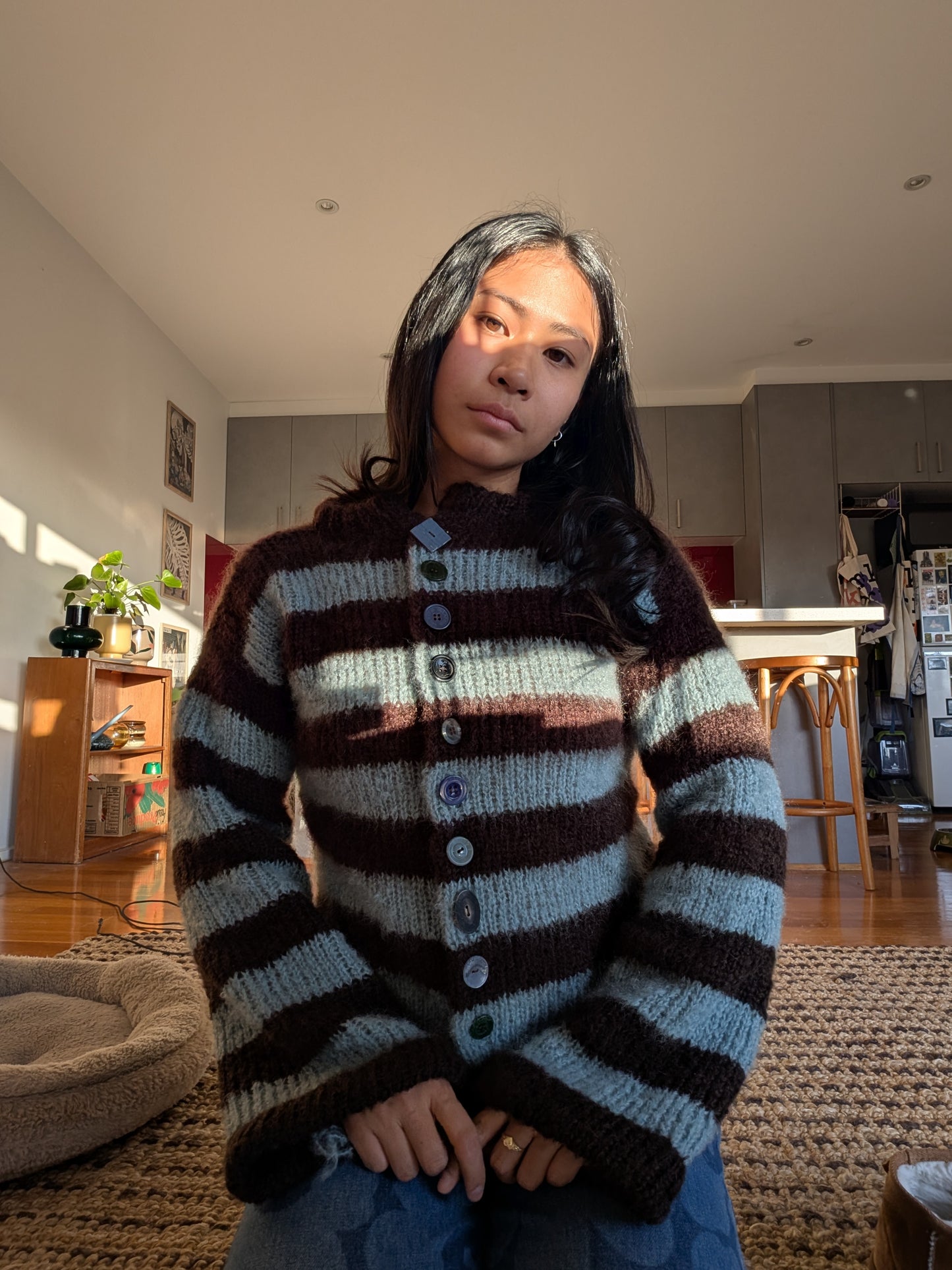 Made to order Striped Brushed Mohair Blue &Brown Cardigan