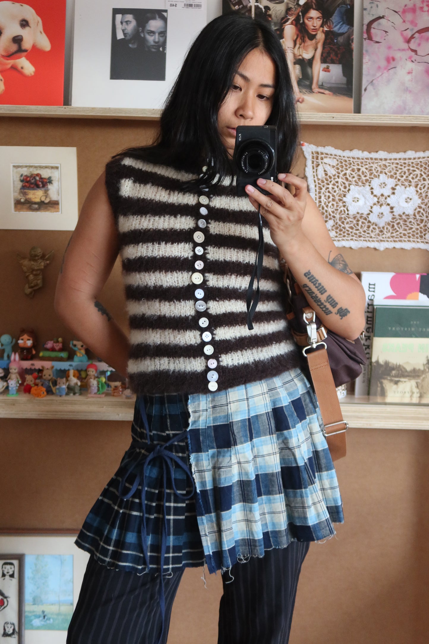 Mohair Stripe Knit Vest with Vintage Buttons in Brown + White