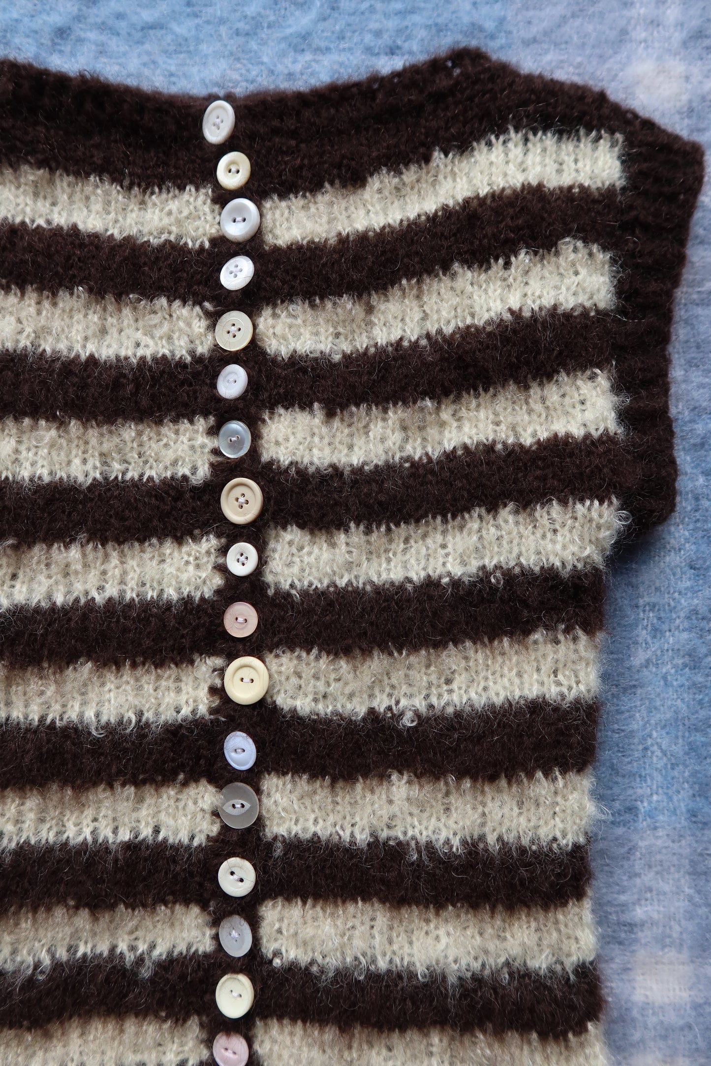 Mohair Stripe Knit Vest with Vintage Buttons in Brown + White