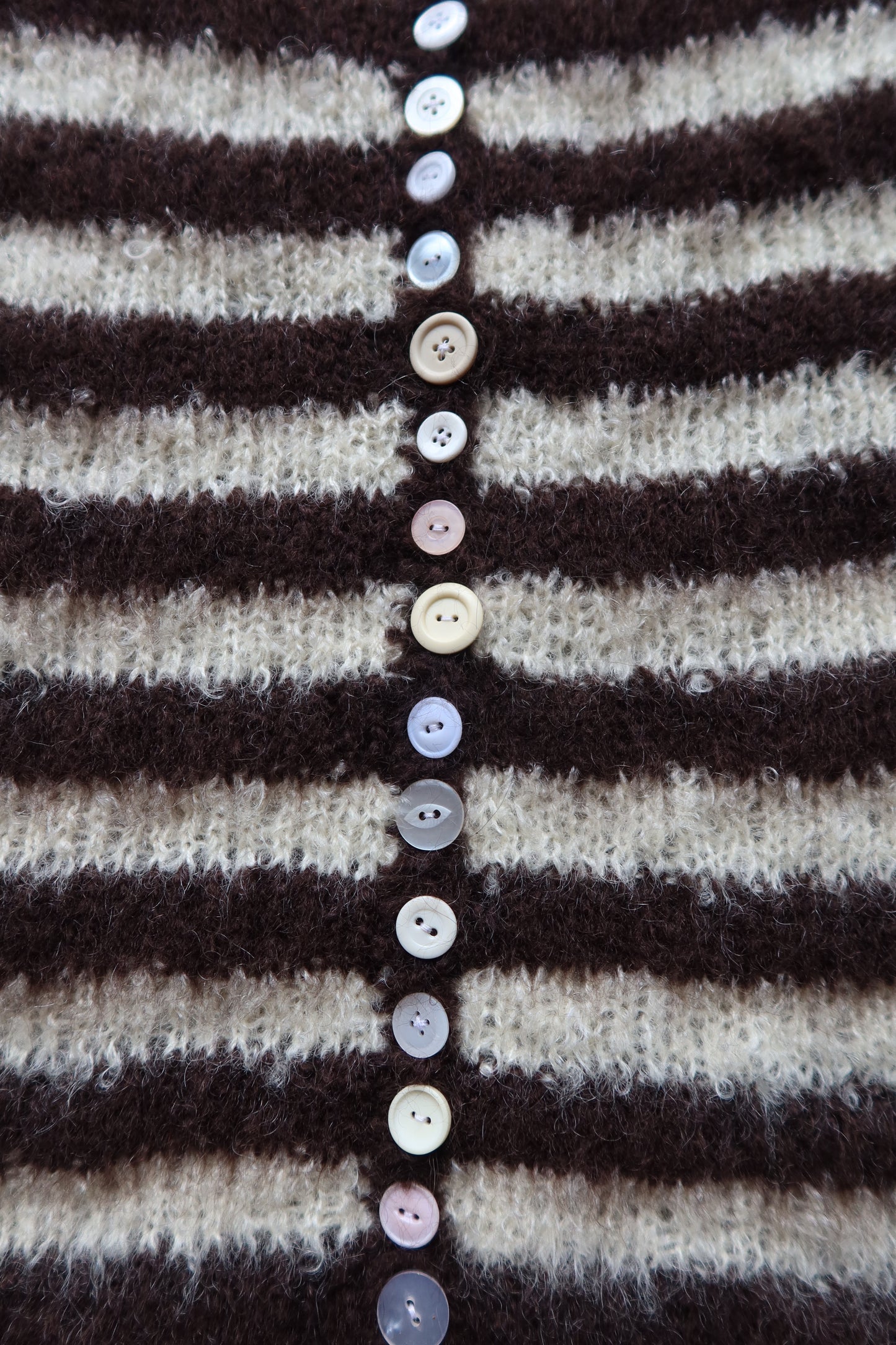 Mohair Stripe Knit Vest with Vintage Buttons in Brown + White