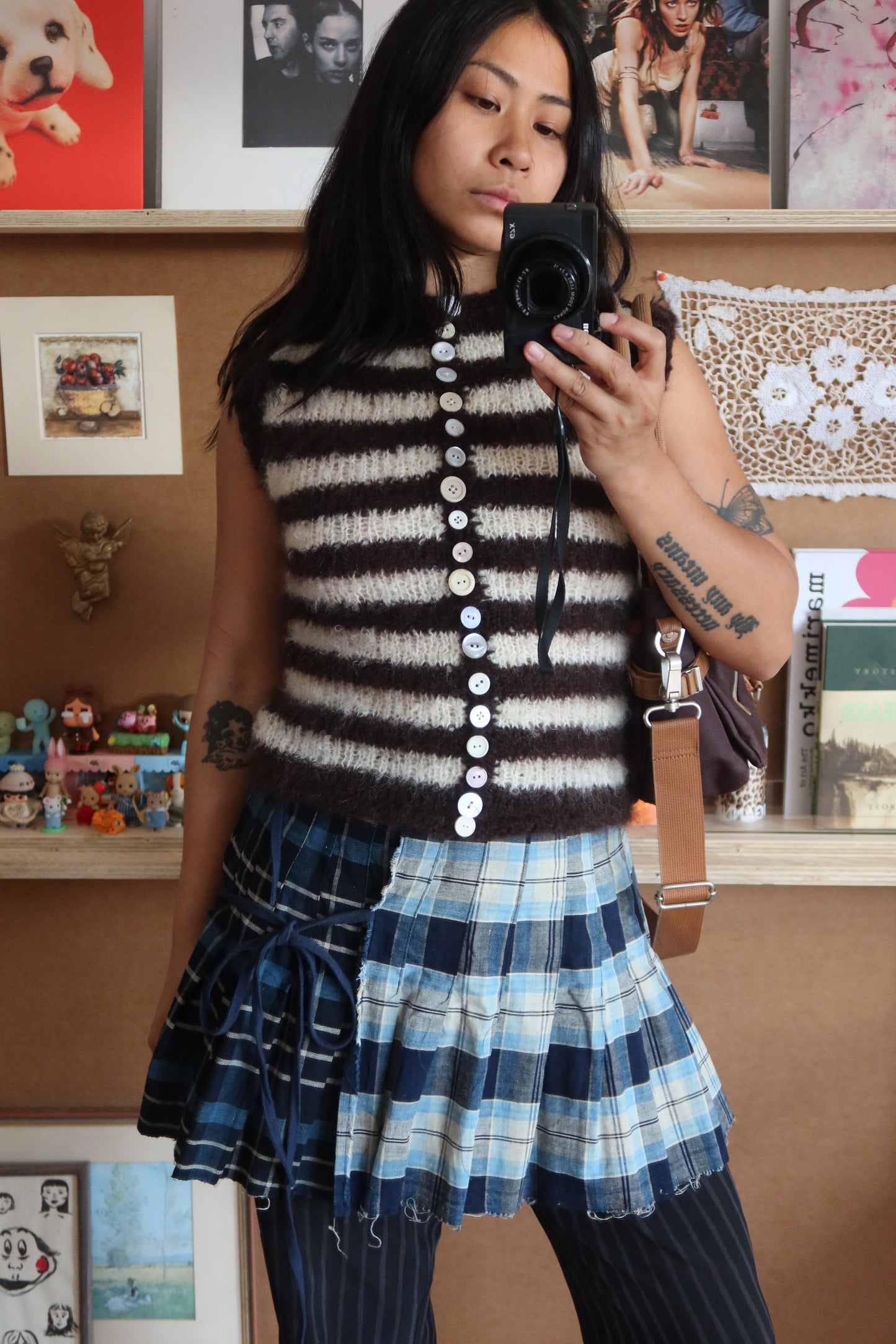 Mohair Stripe Knit Vest with Vintage Buttons in Brown + White