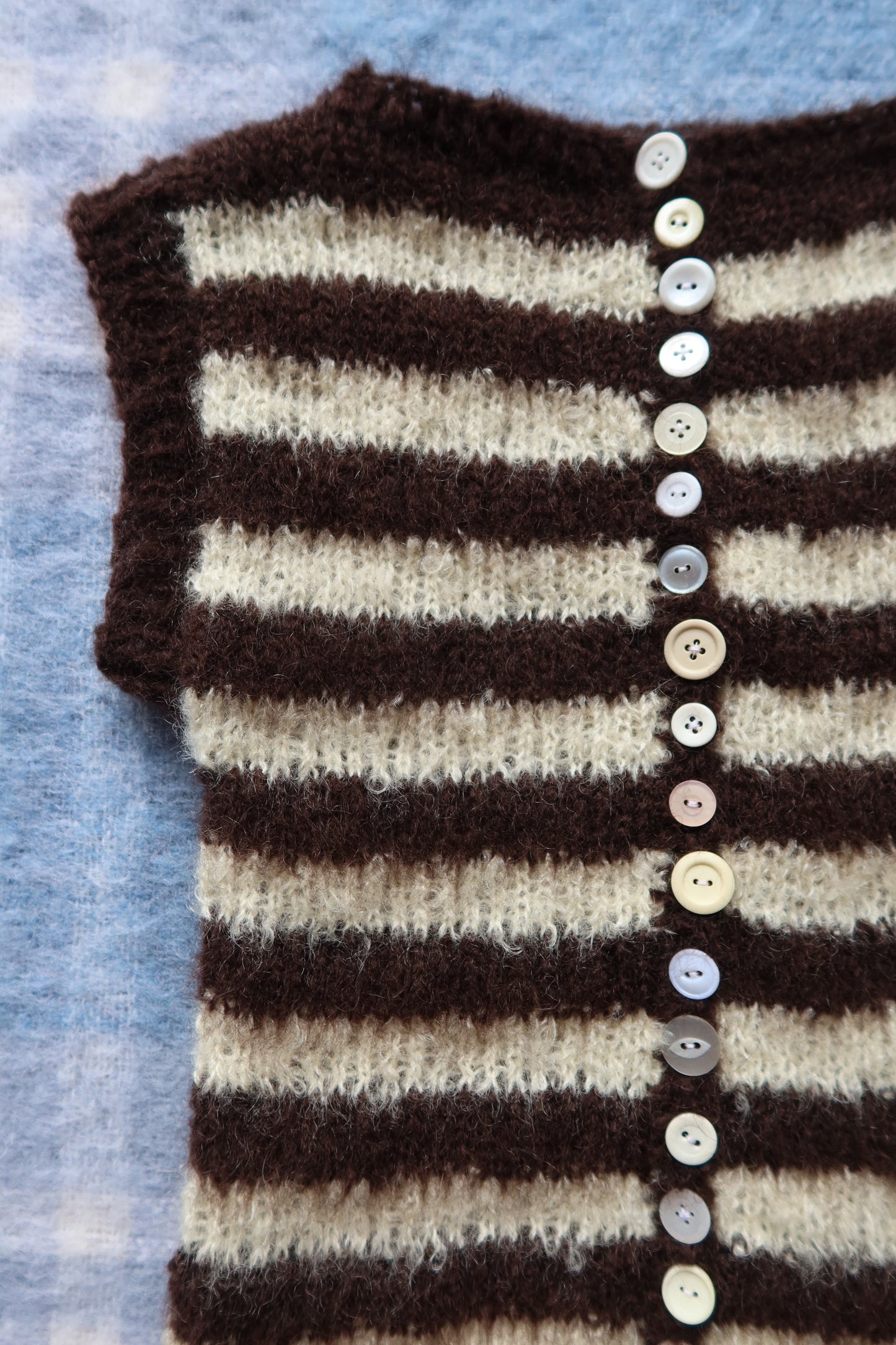 Mohair Stripe Knit Vest with Vintage Buttons in Brown + White