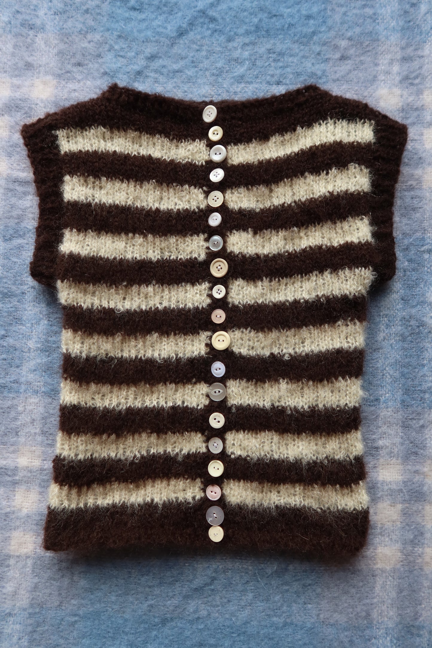 Mohair Stripe Knit Vest with Vintage Buttons in Brown + White
