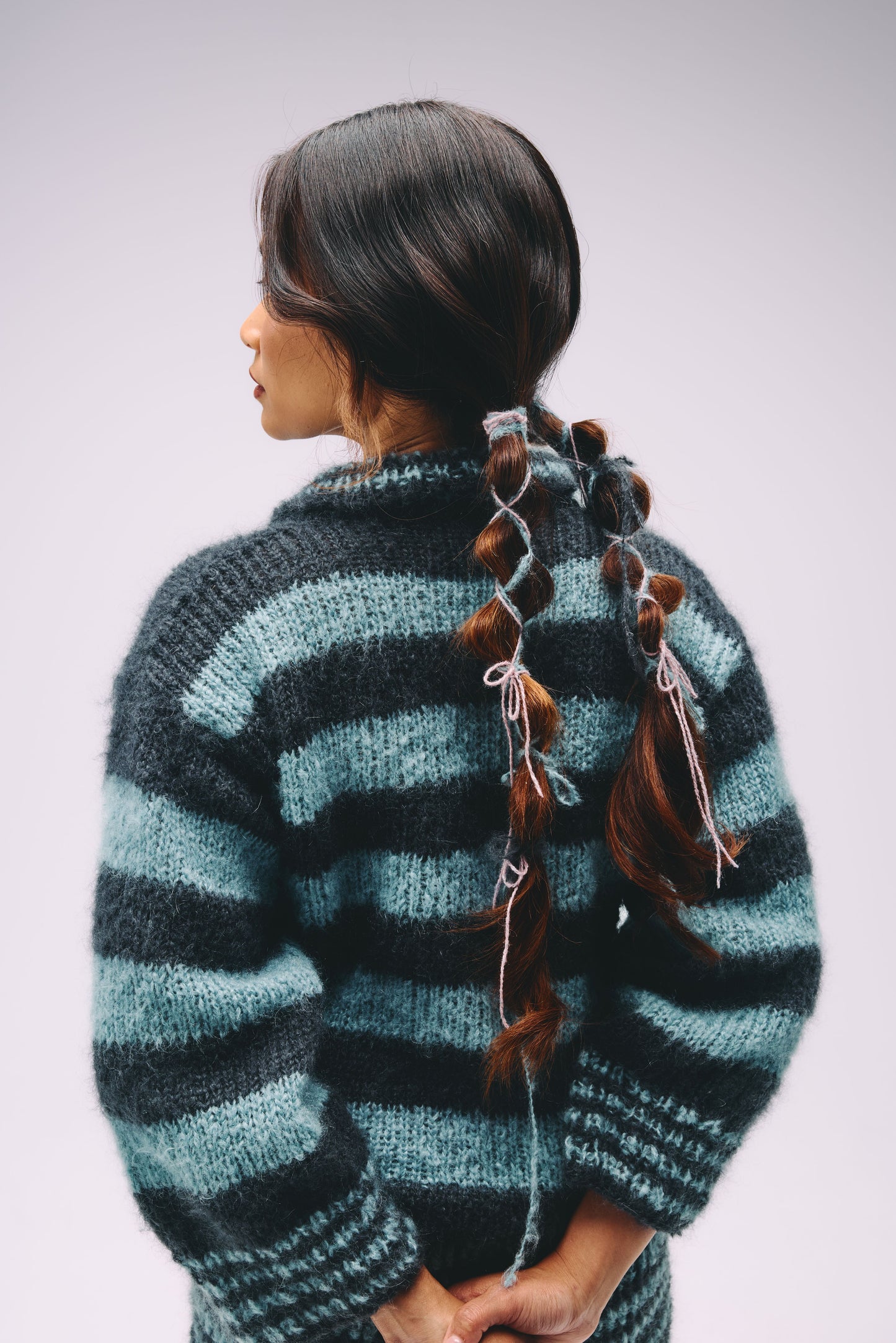 Brushed Mohair Striped Blue & Charcoal Grey Knit with Buttons