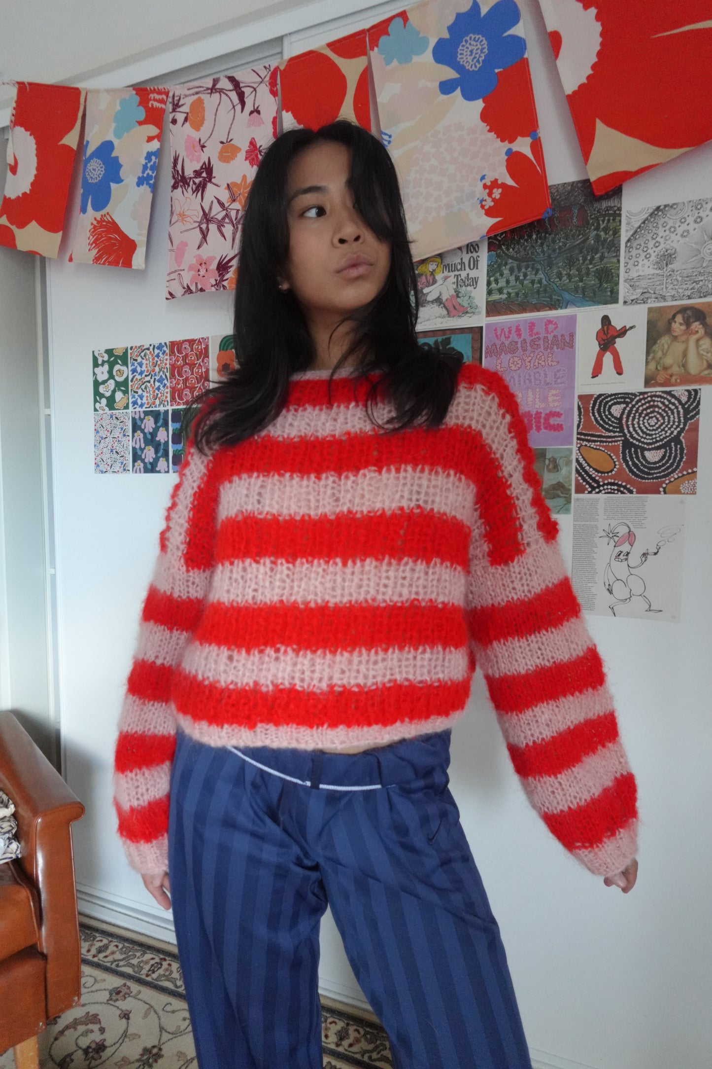 Oversized Pink & Red Mohair Stripe Sweater