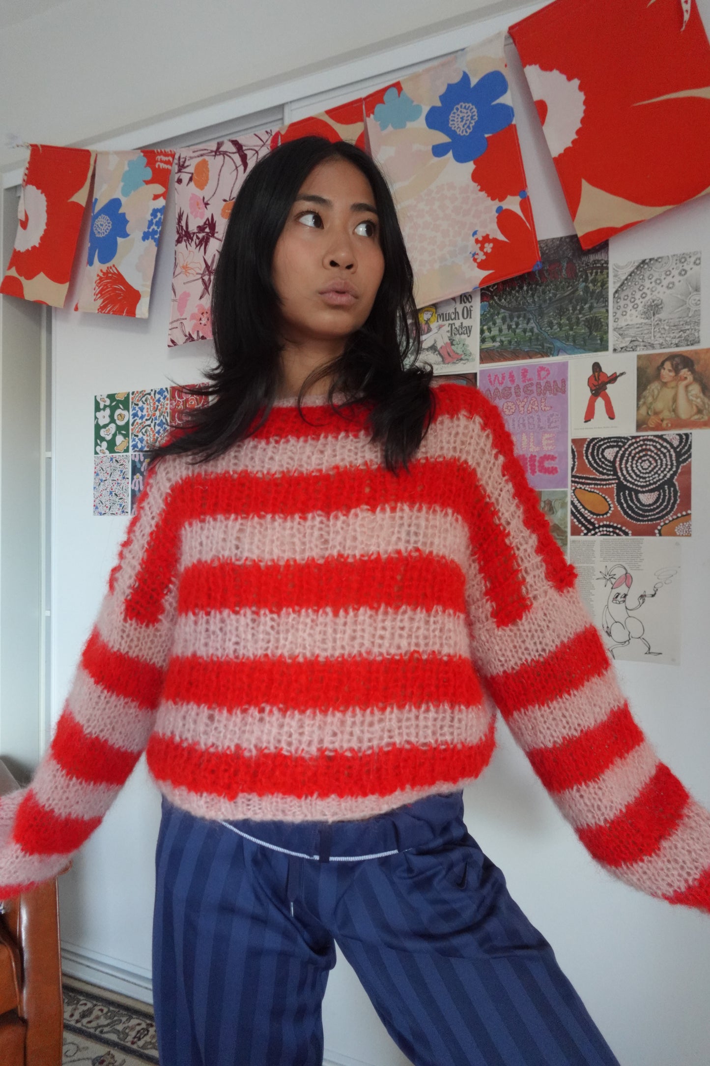 Oversized Pink & Red Mohair Stripe Sweater