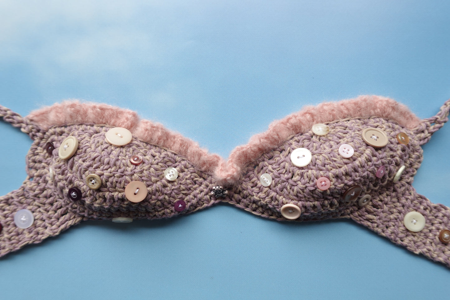 Purple & Pink Crochet Frill Bra with Buttons