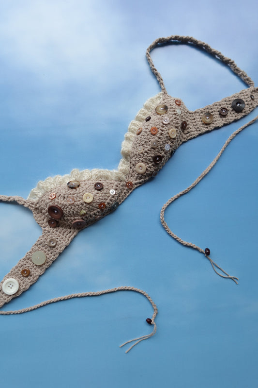 Beige & White Crochet Frill Bra with Buttons