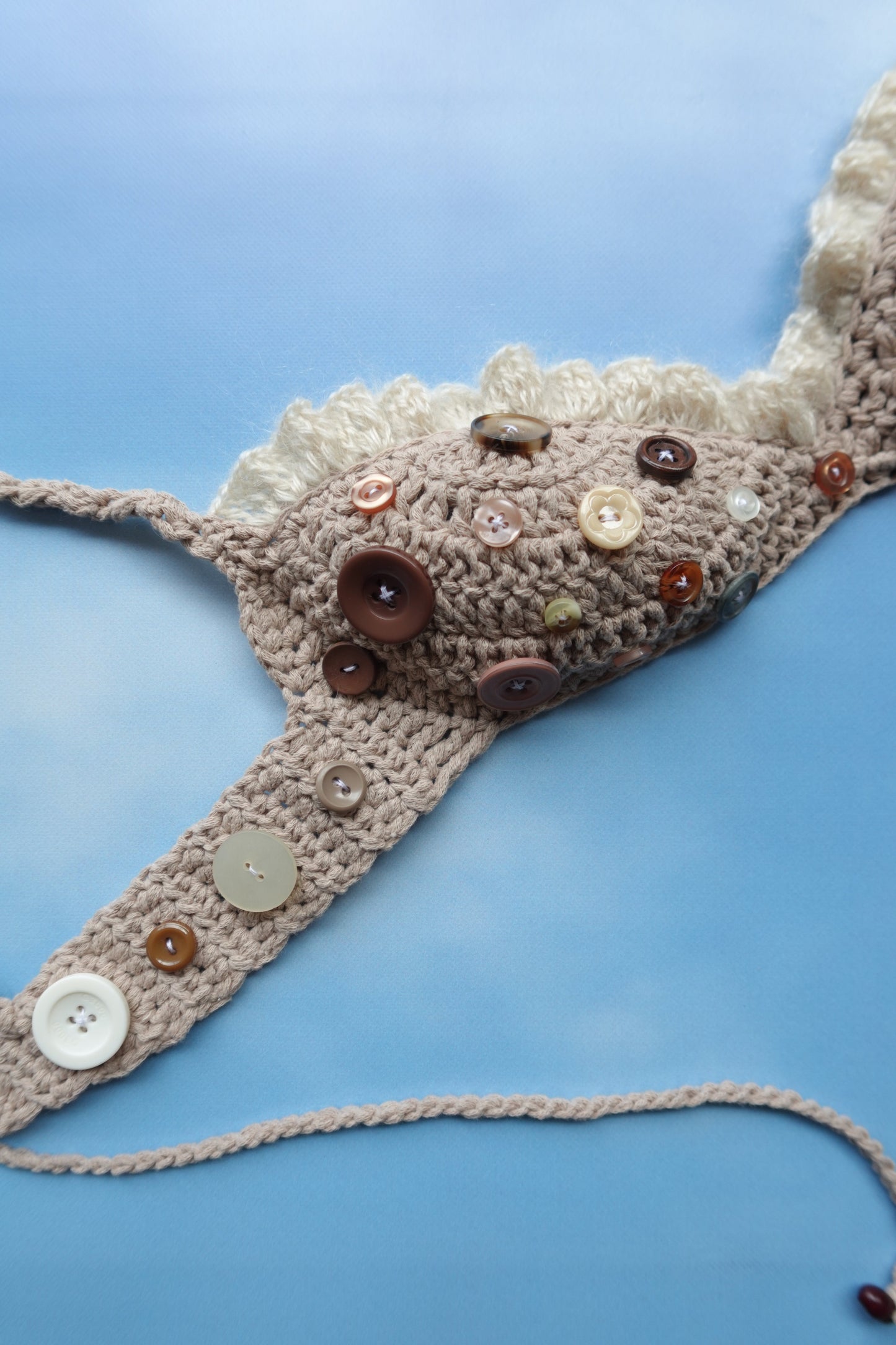Beige & White Crochet Frill Bra with Buttons