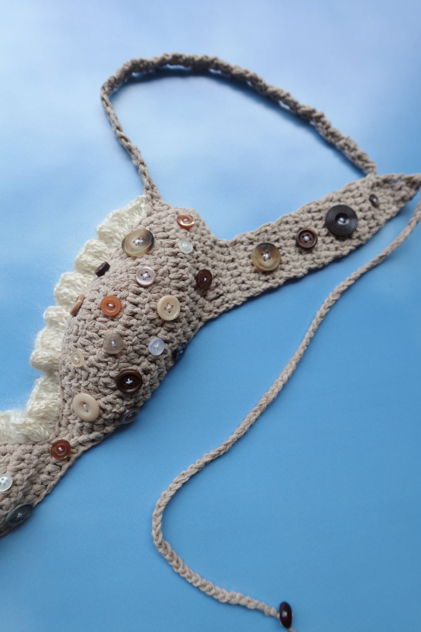 Beige & White Crochet Frill Bra with Buttons