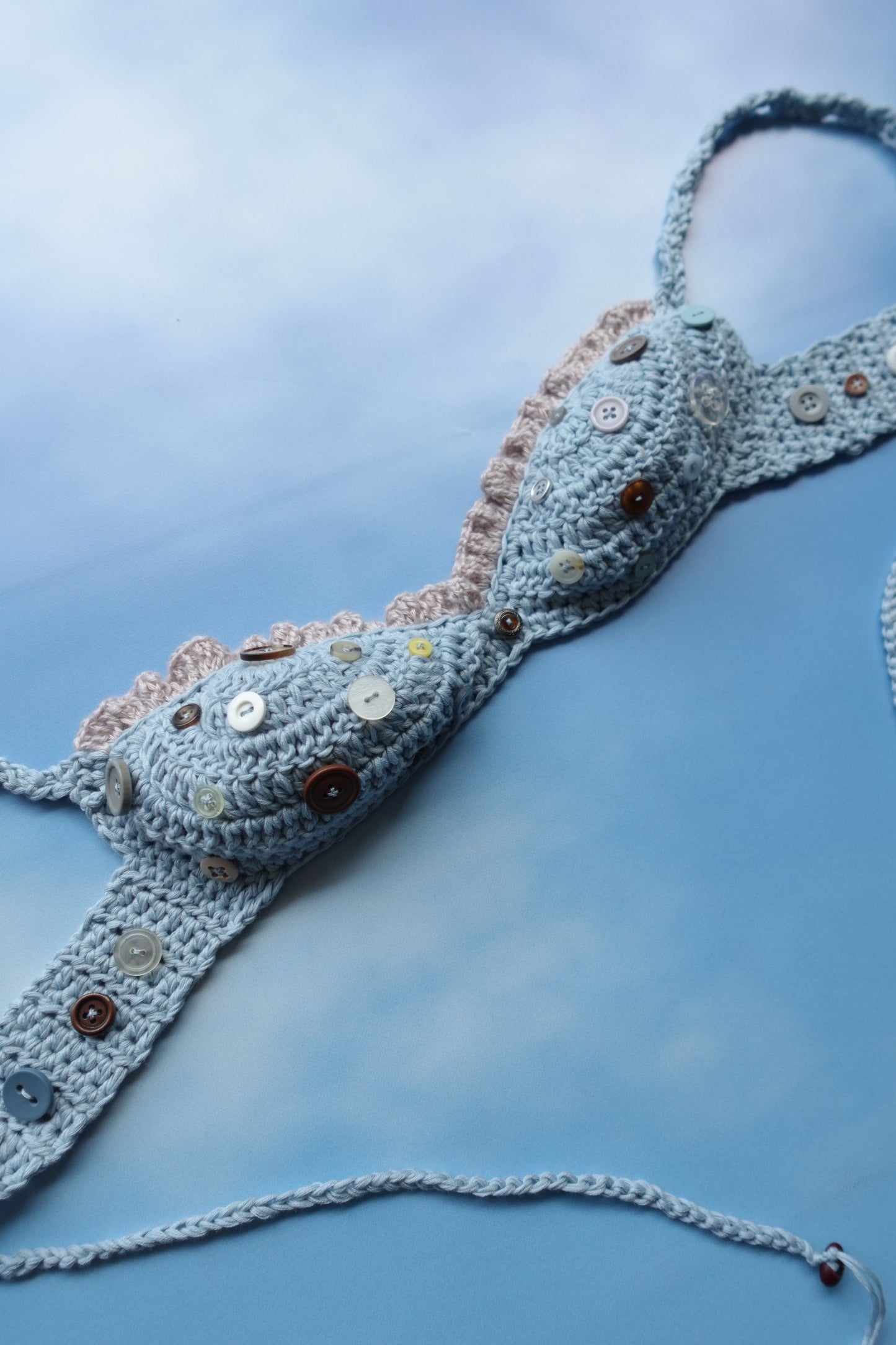 Blue & Silver Crochet Frill Bra with Buttons