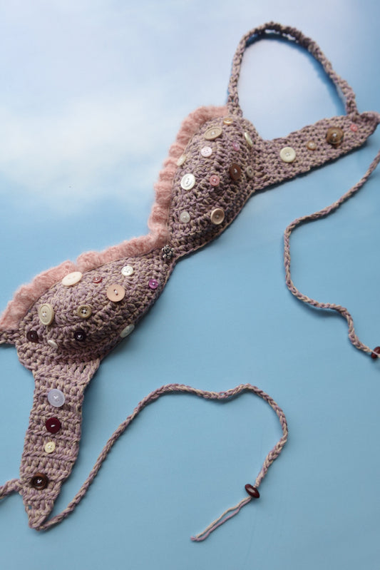 Purple & Pink Crochet Frill Bra with Buttons