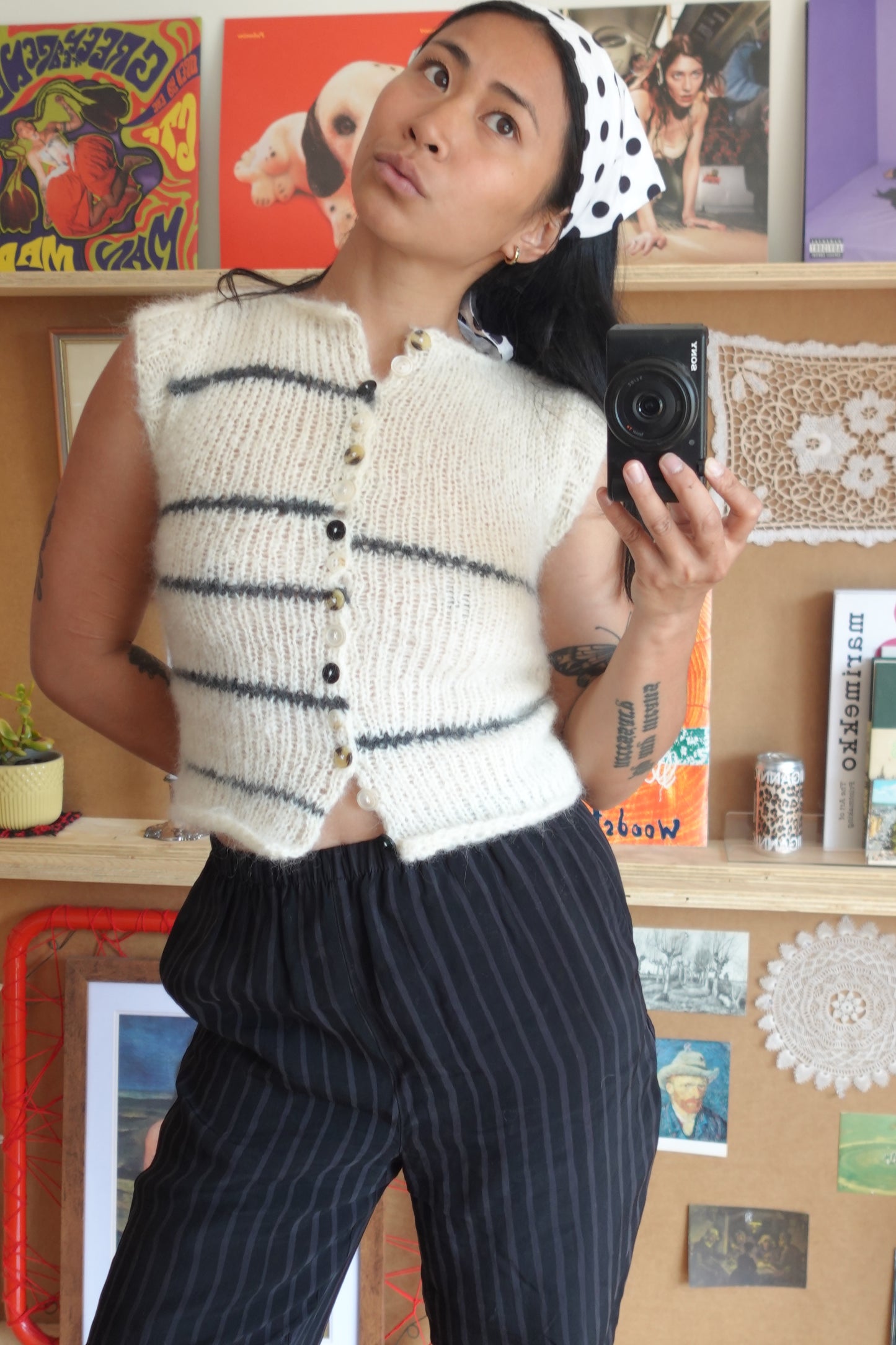 Mohair Knit Stripe Vest with Buttons