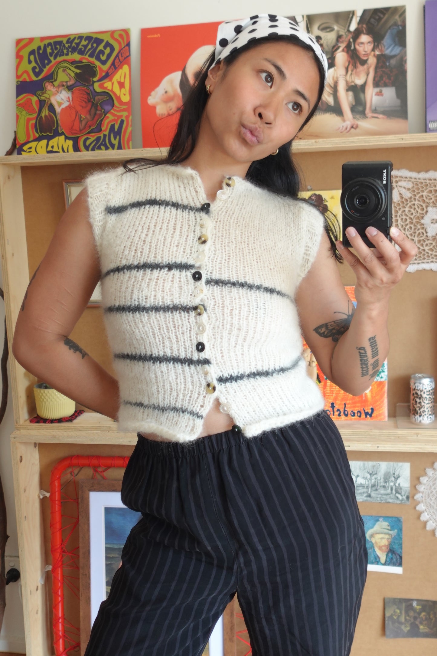 Mohair Knit Stripe Vest with Buttons