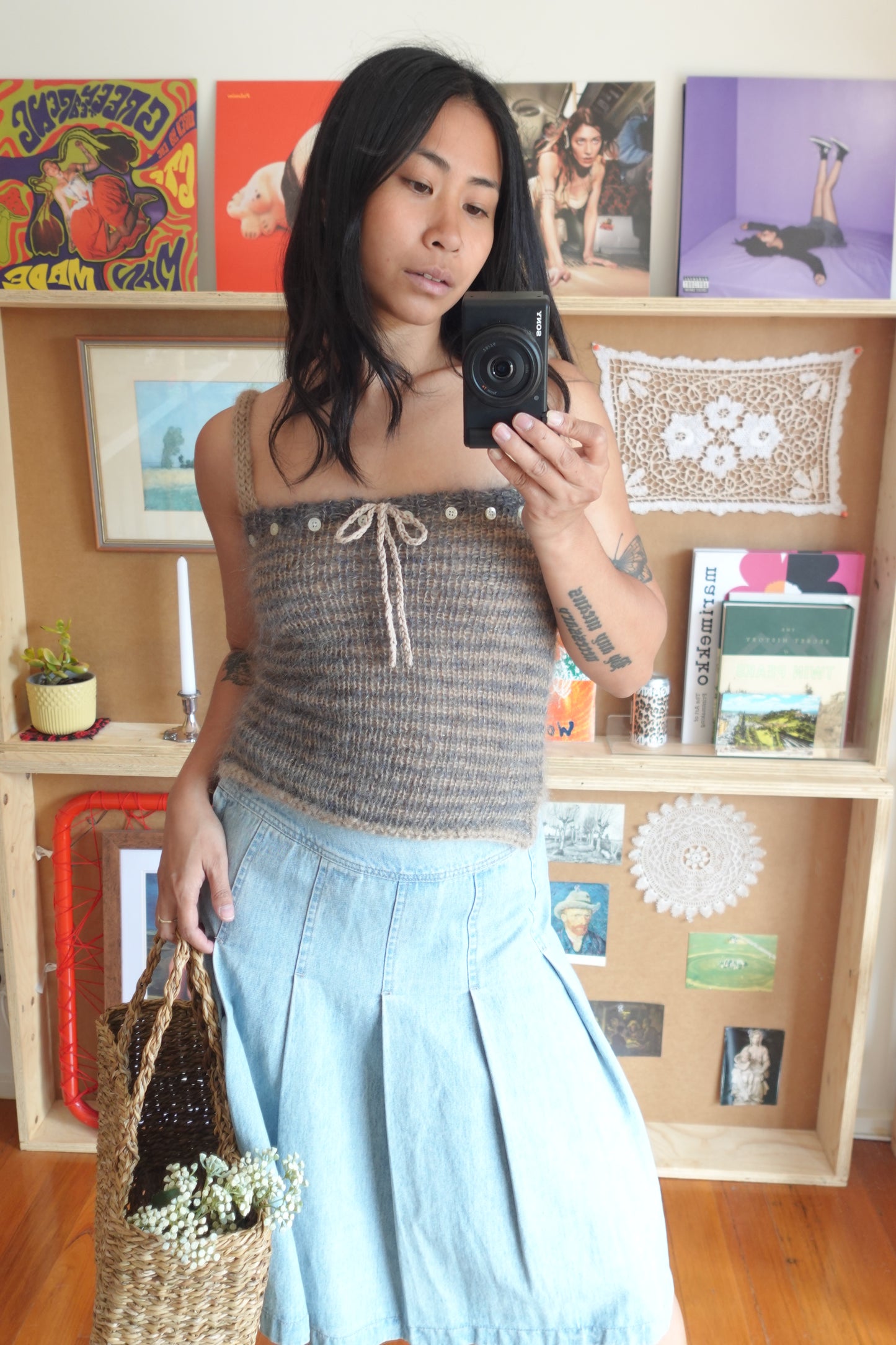 Mohair Stripey Knit Tank with Buttons & Bowtie