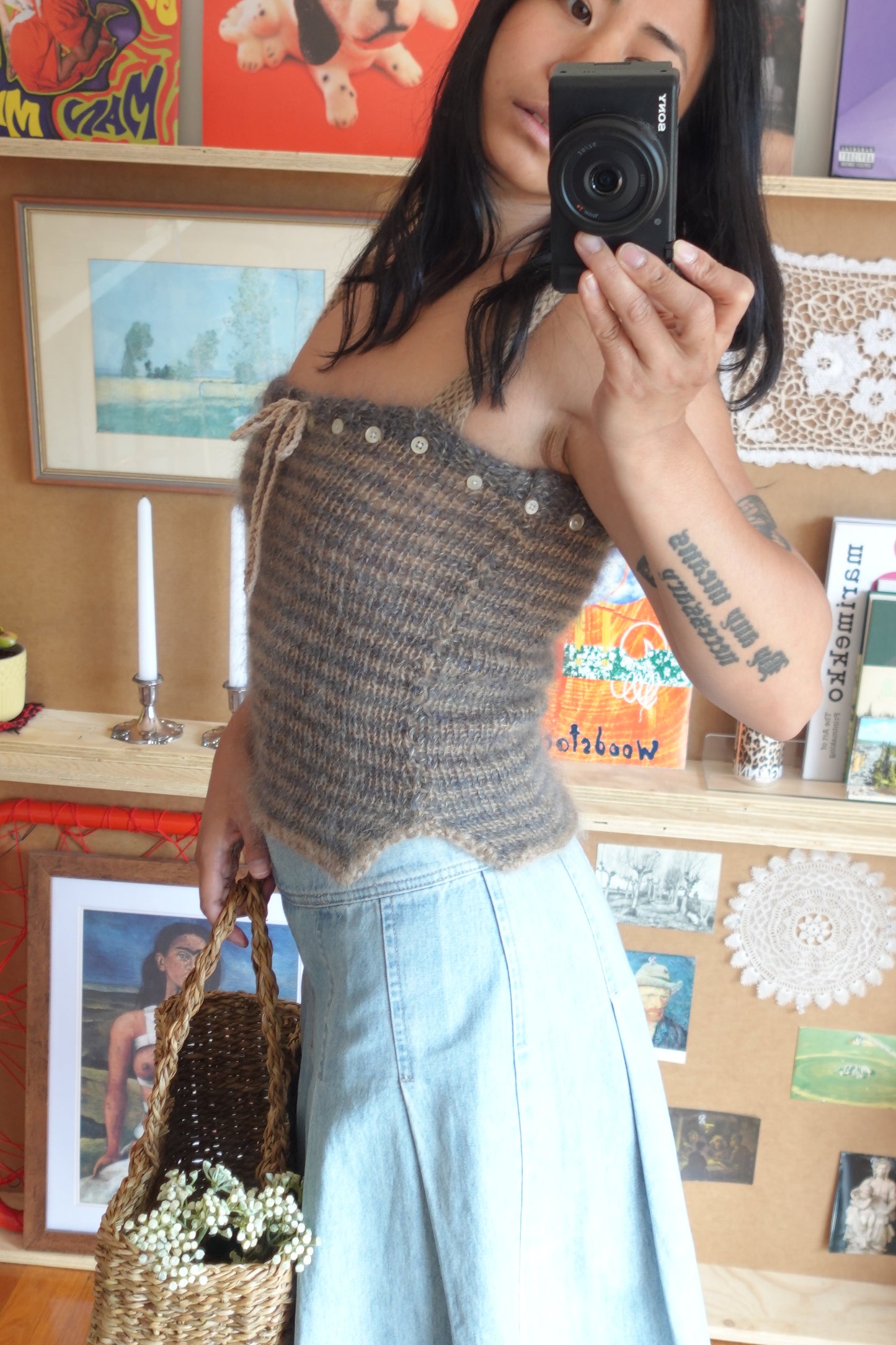 Mohair Stripey Knit Tank with Buttons & Bowtie