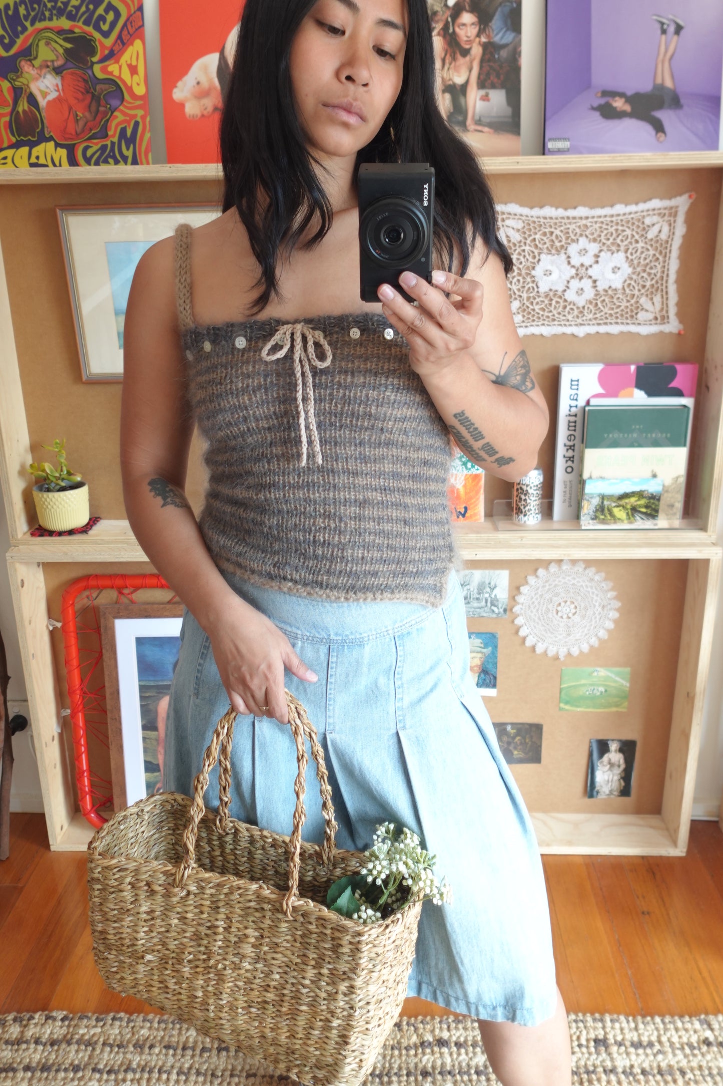 Mohair Stripey Knit Tank with Buttons & Bowtie