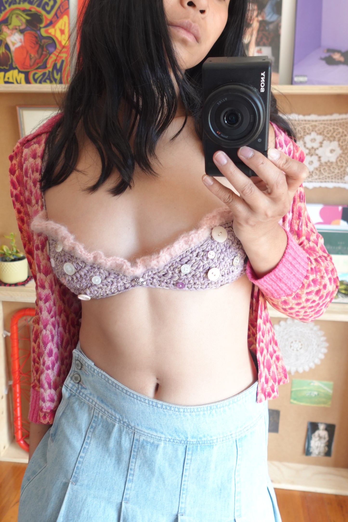 Purple & Pink Crochet Frill Bra with Buttons