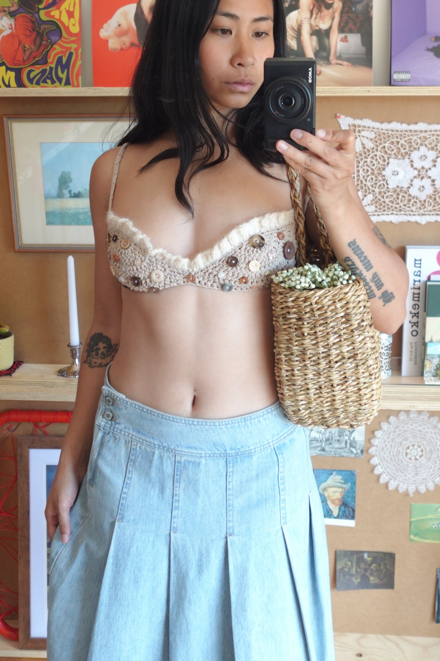 Beige & White Crochet Frill Bra with Buttons