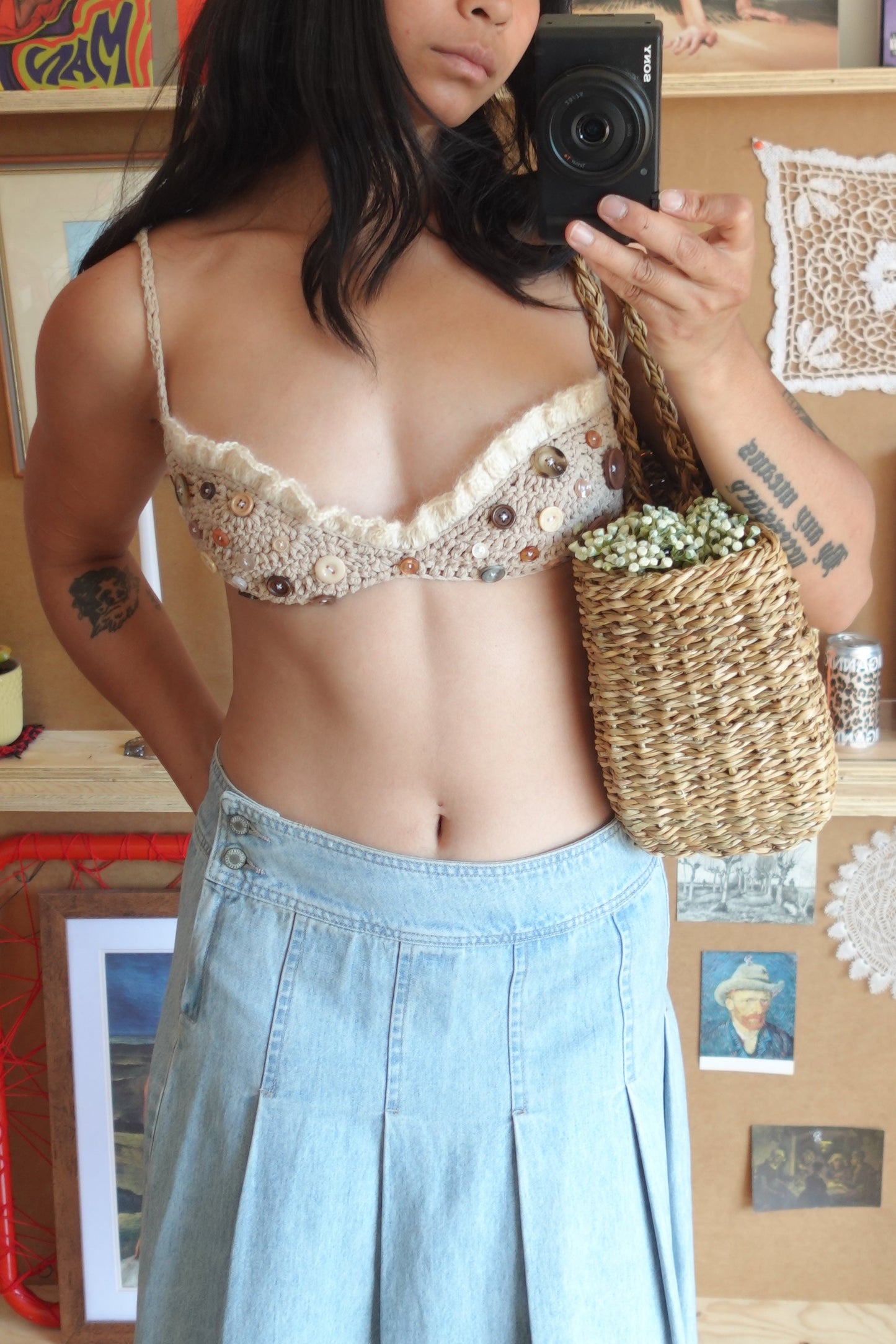 Beige & White Crochet Frill Bra with Buttons