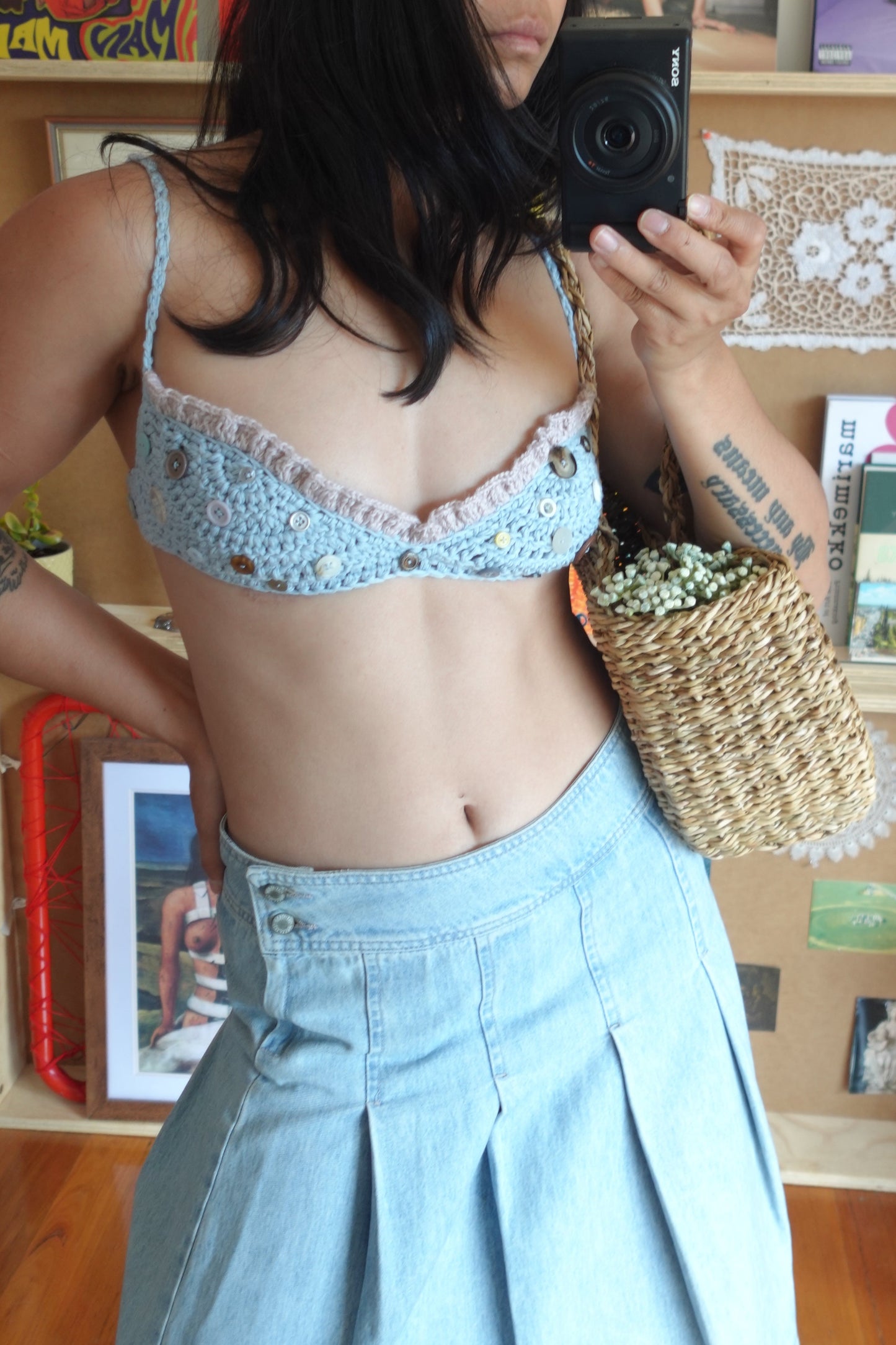 Blue & Silver Crochet Frill Bra with Buttons