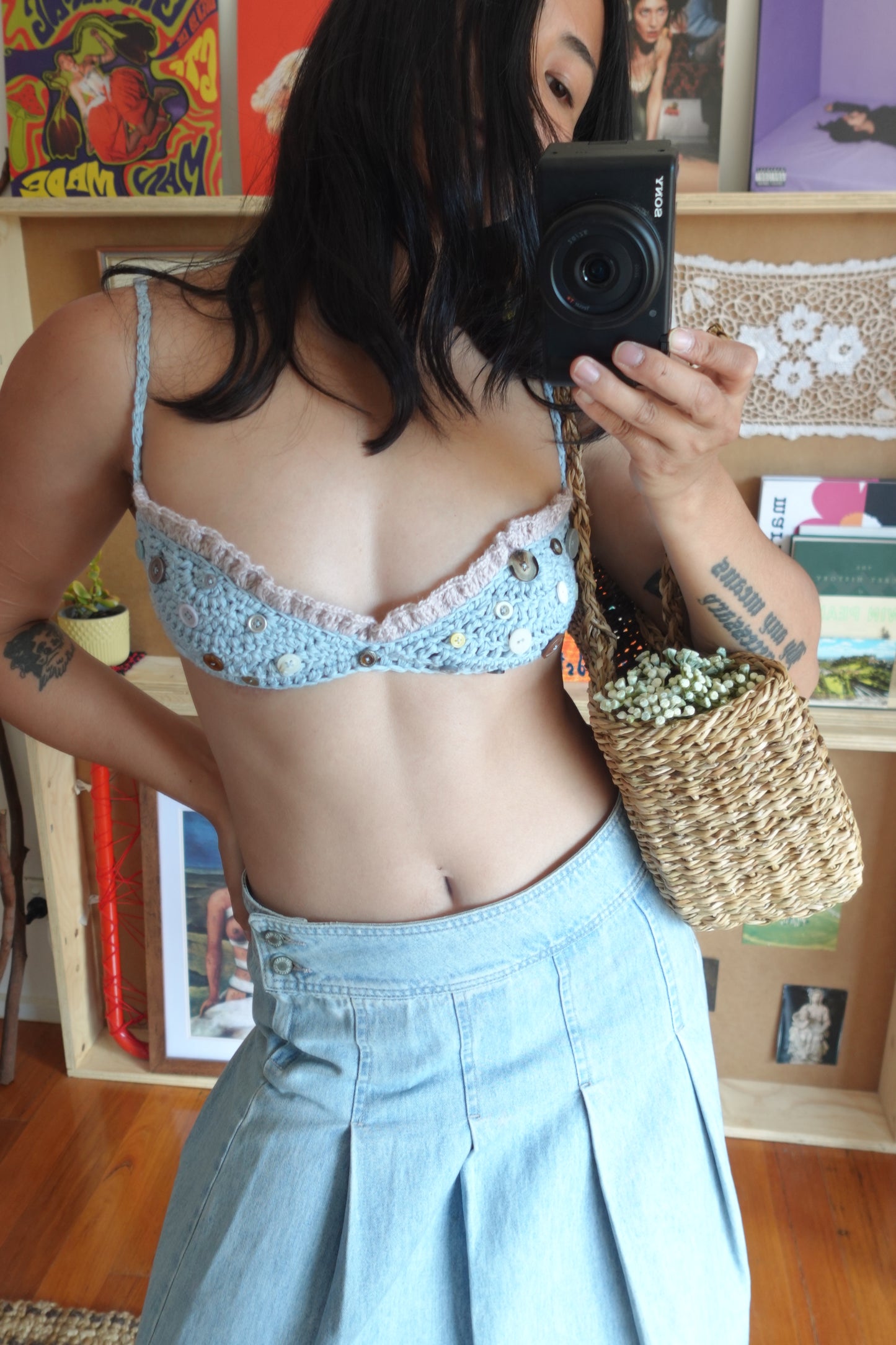 Blue & Silver Crochet Frill Bra with Buttons