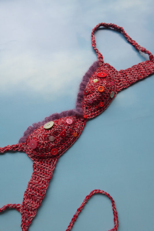 Red, Purple, Pink Crochet Frill Bra with Buttons