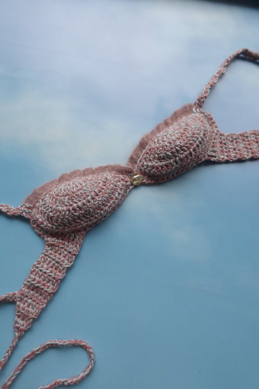Pink & Blue Crochet Frill Bra with Button