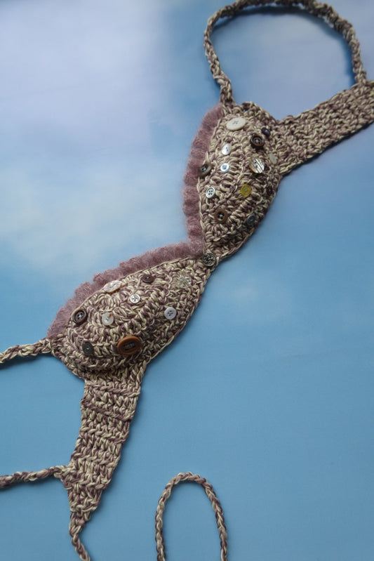 Yellow, Brown, Purple Crochet Frill Bra with Buttons