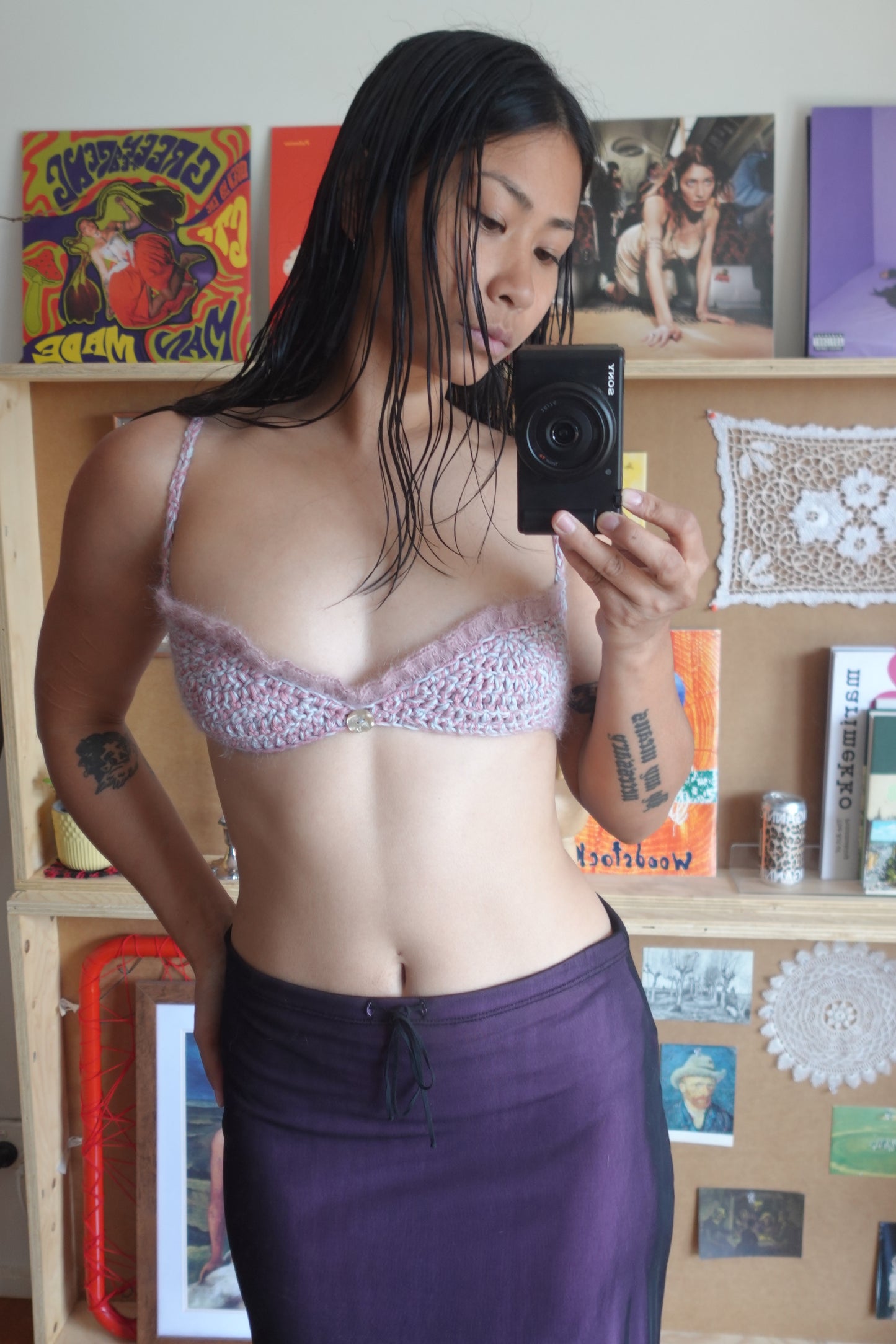 Pink & Blue Crochet Frill Bra with Button
