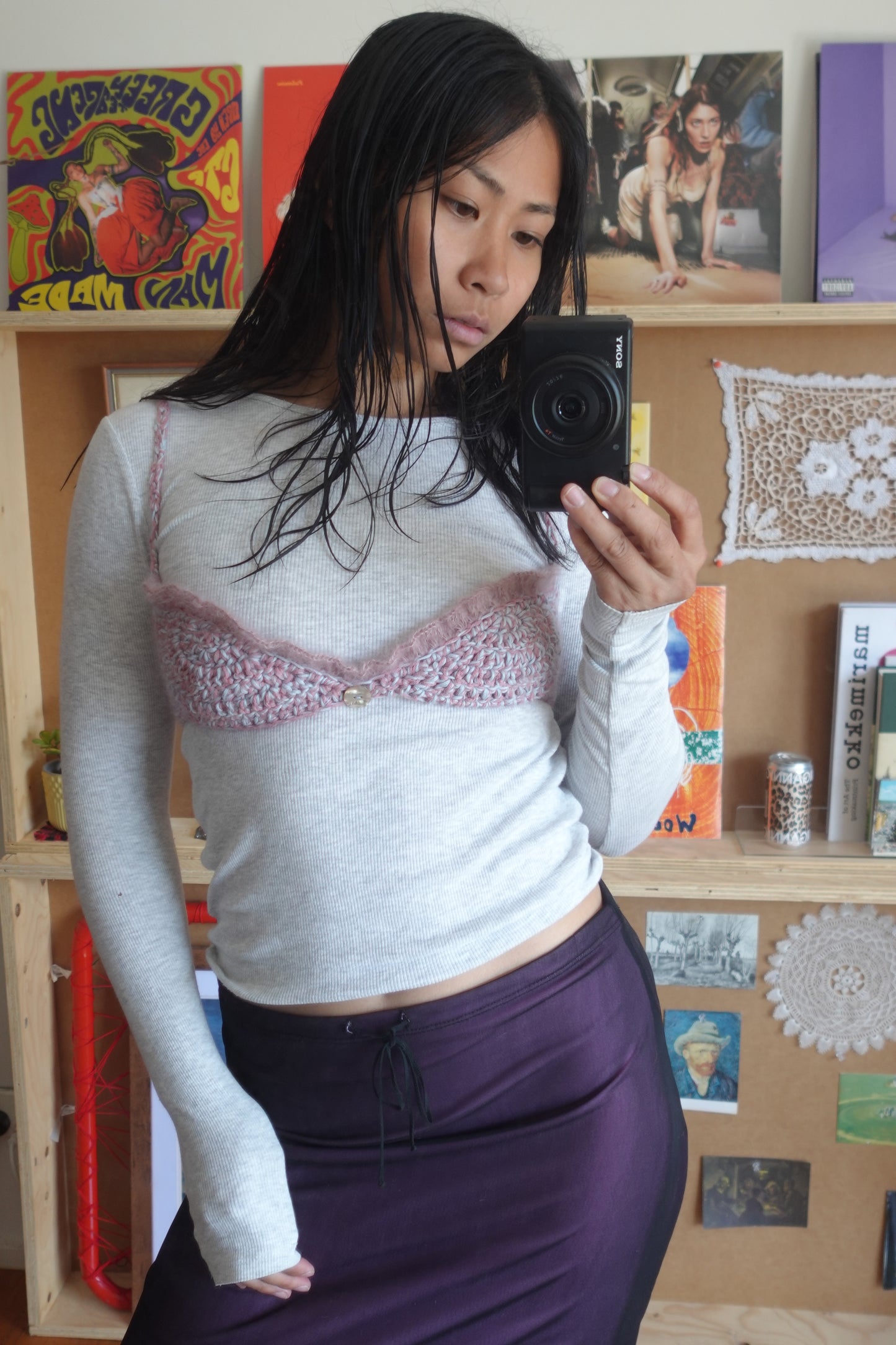 Pink & Blue Crochet Frill Bra with Button