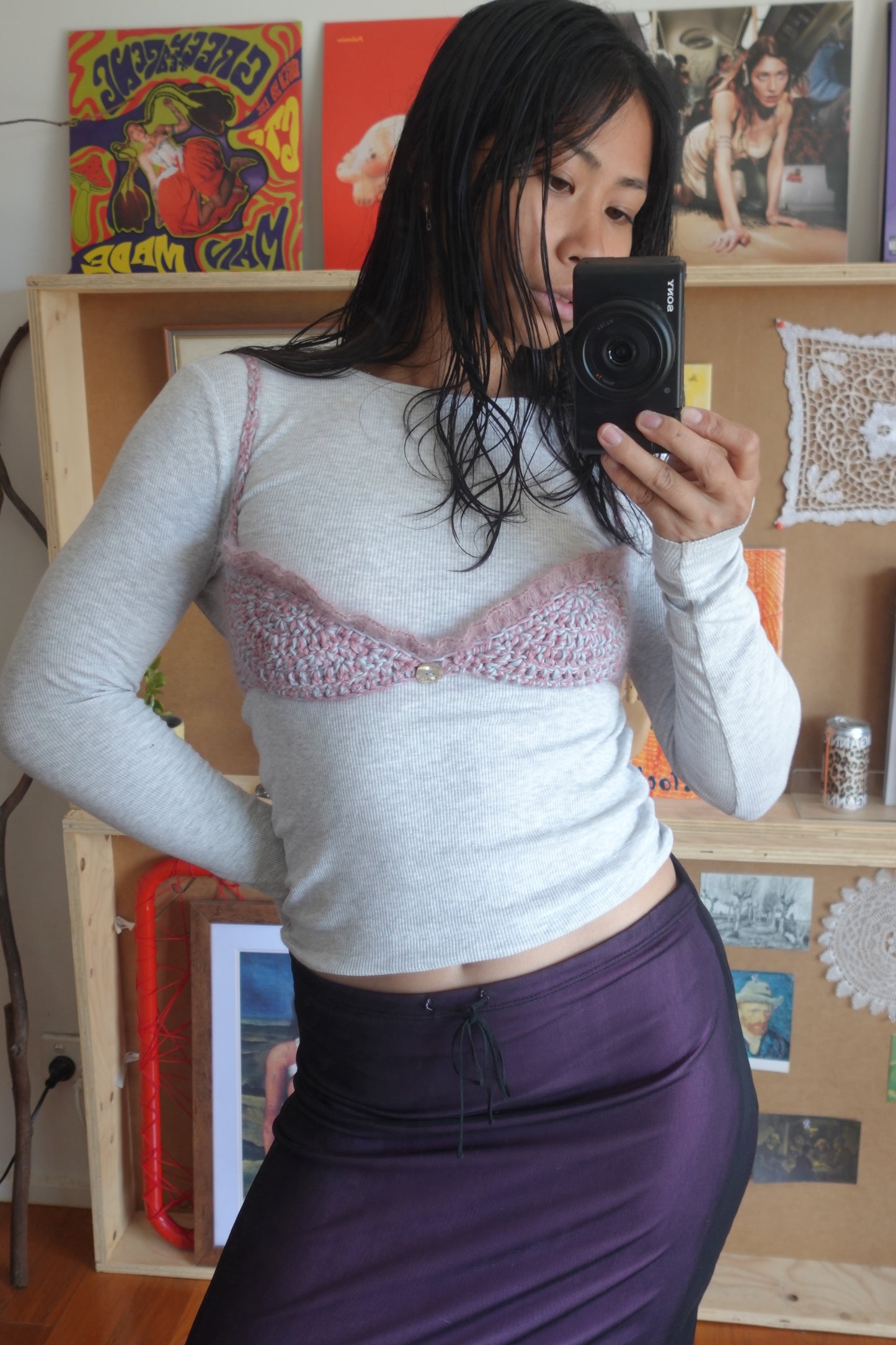 Pink & Blue Crochet Frill Bra with Button