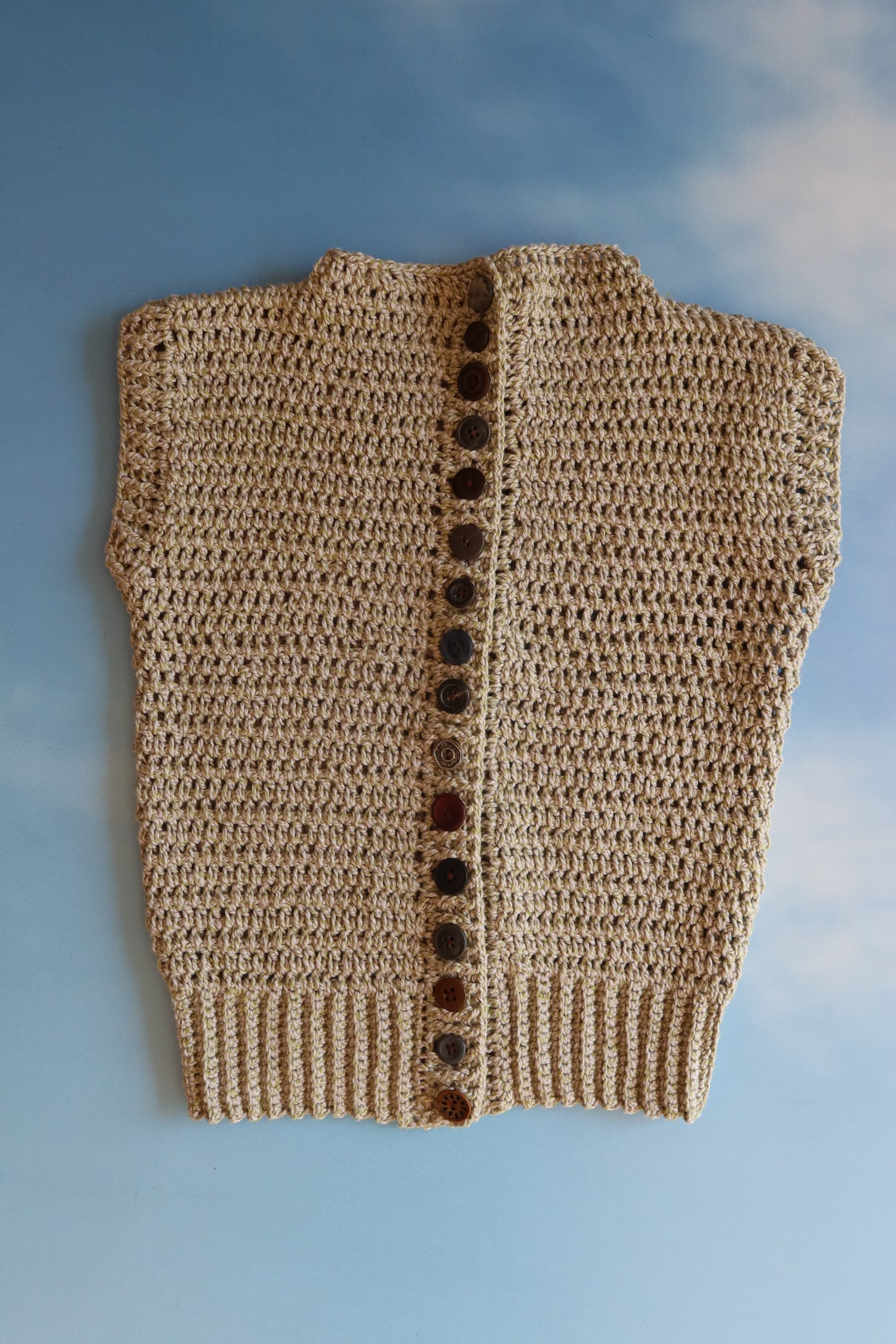 Soft Green Silk Cotton Crochet Vest with Buttons