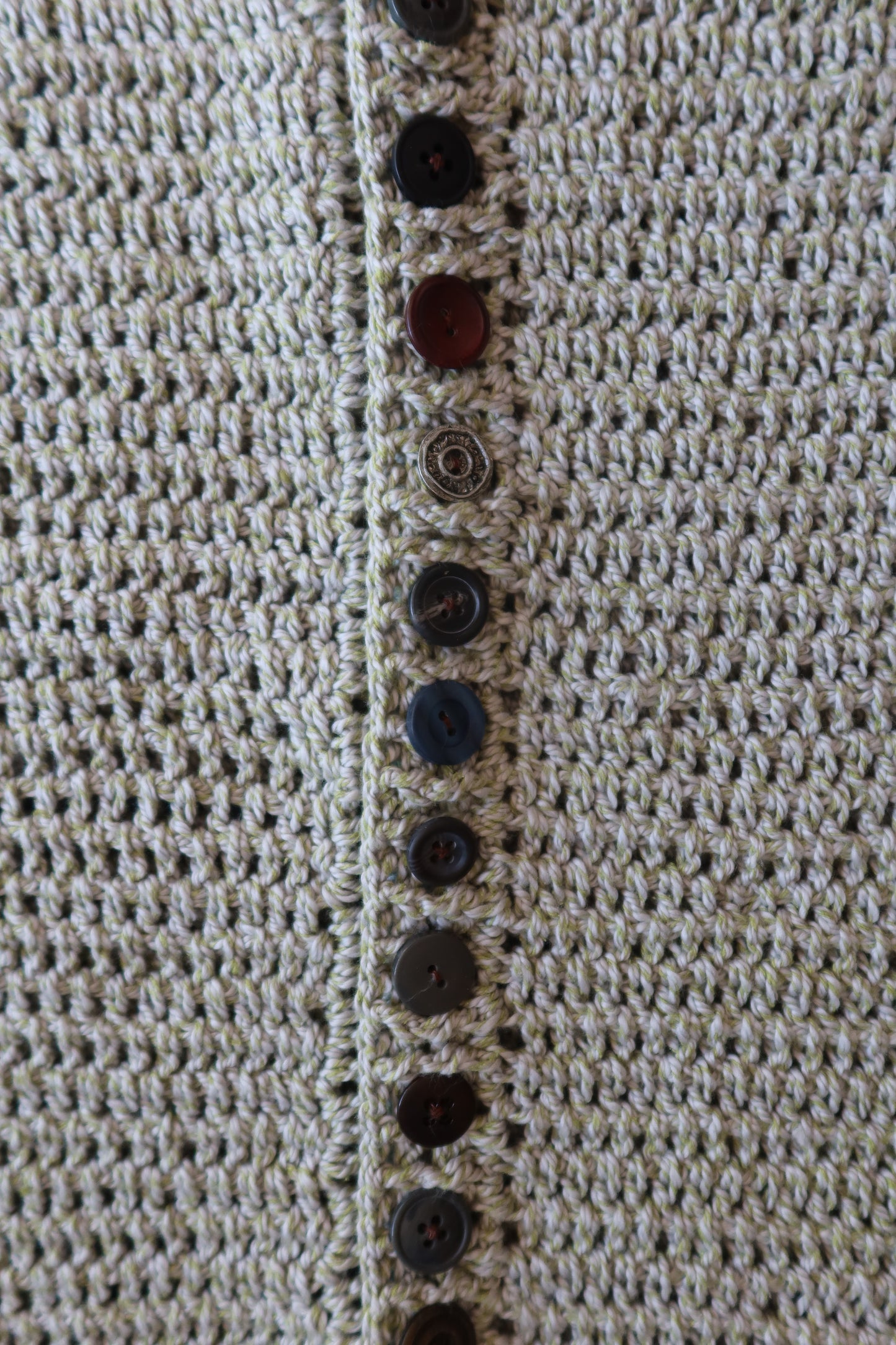 Soft Green Silk Cotton Crochet Vest with Buttons