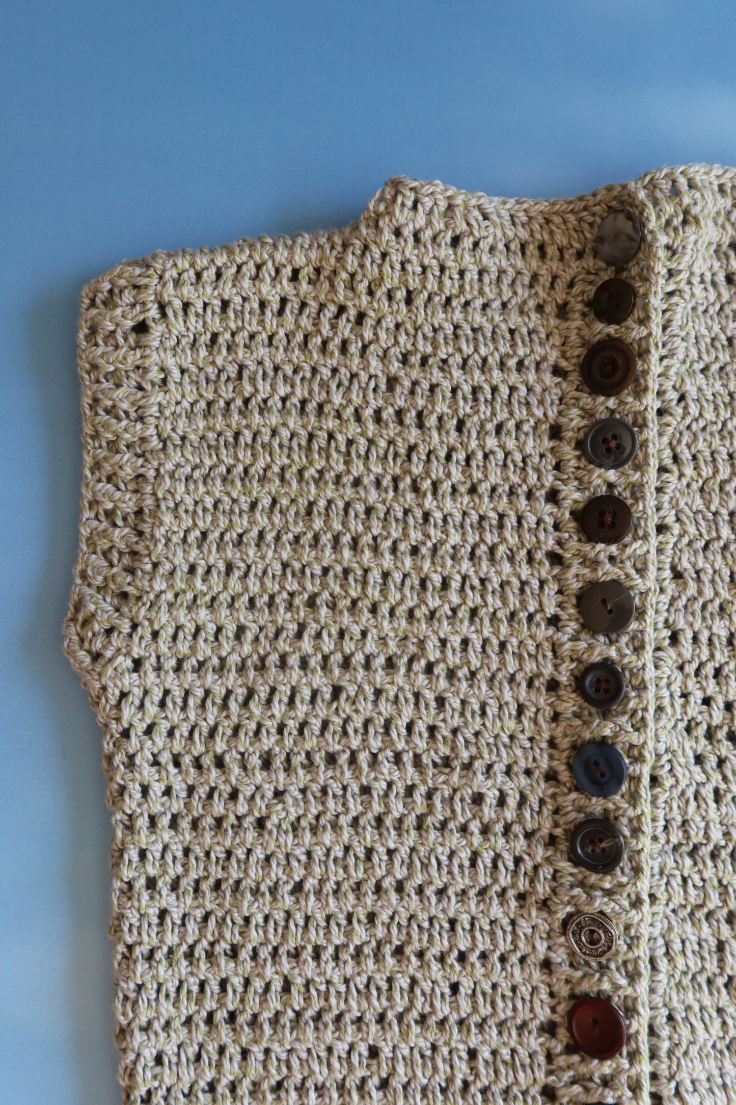 Soft Green Silk Cotton Crochet Vest with Buttons