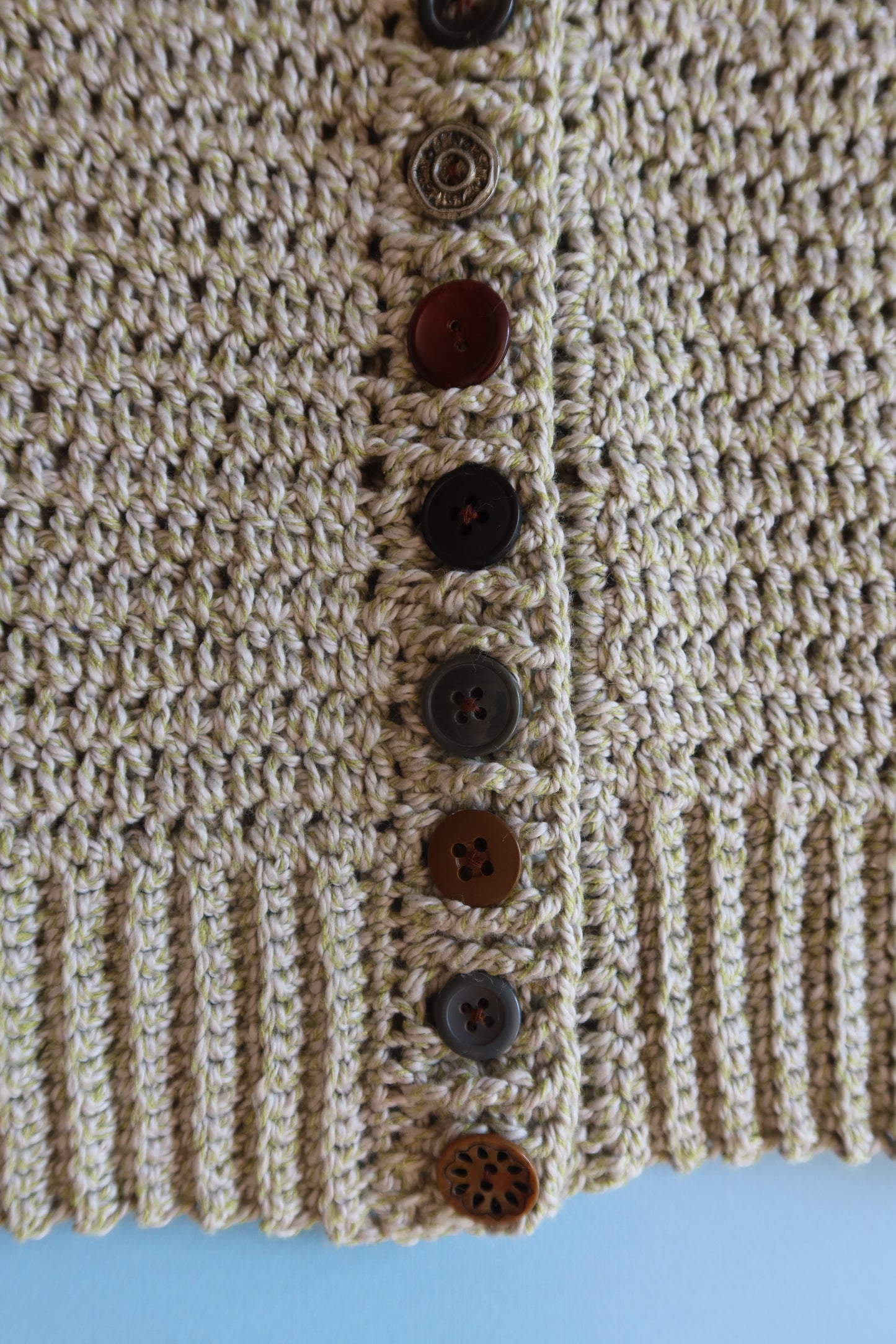 Soft Green Silk Cotton Crochet Vest with Buttons