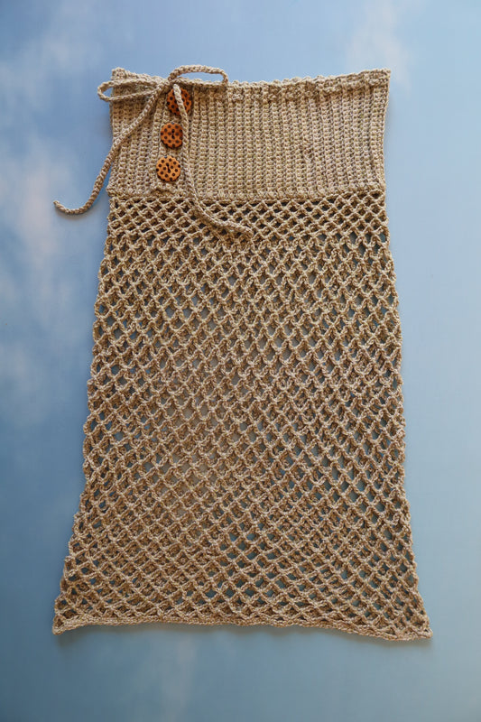 Silk Cotton Soft Green Crochet Beach Skirt with Bowties & Buttons