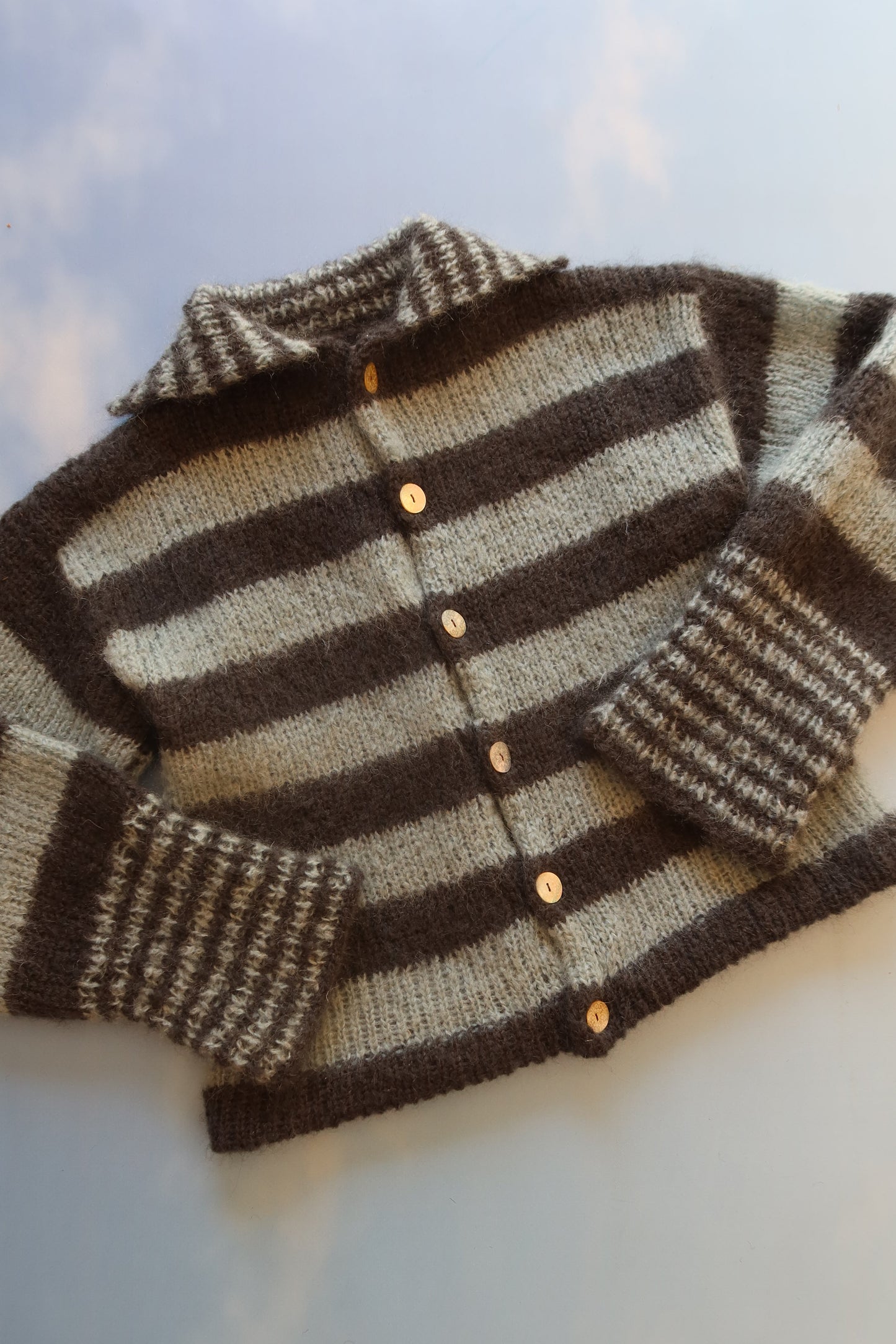 Brushed Mohair Striped Blue & Charcoal Grey Knit with Buttons