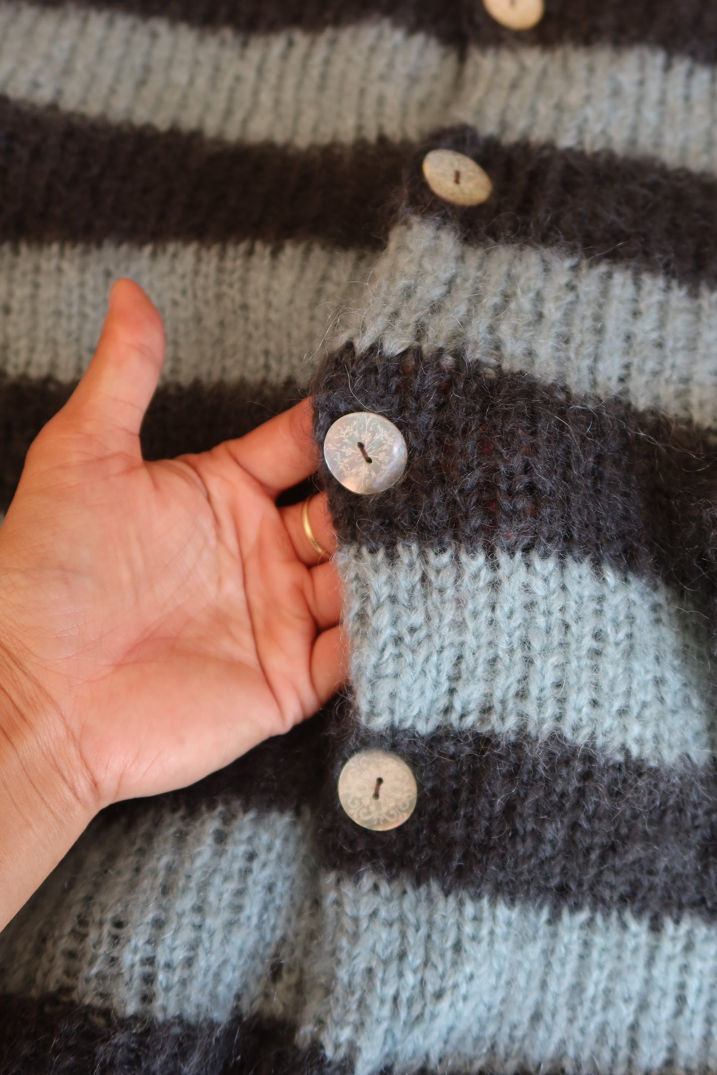 Brushed Mohair Striped Blue & Charcoal Grey Knit with Buttons