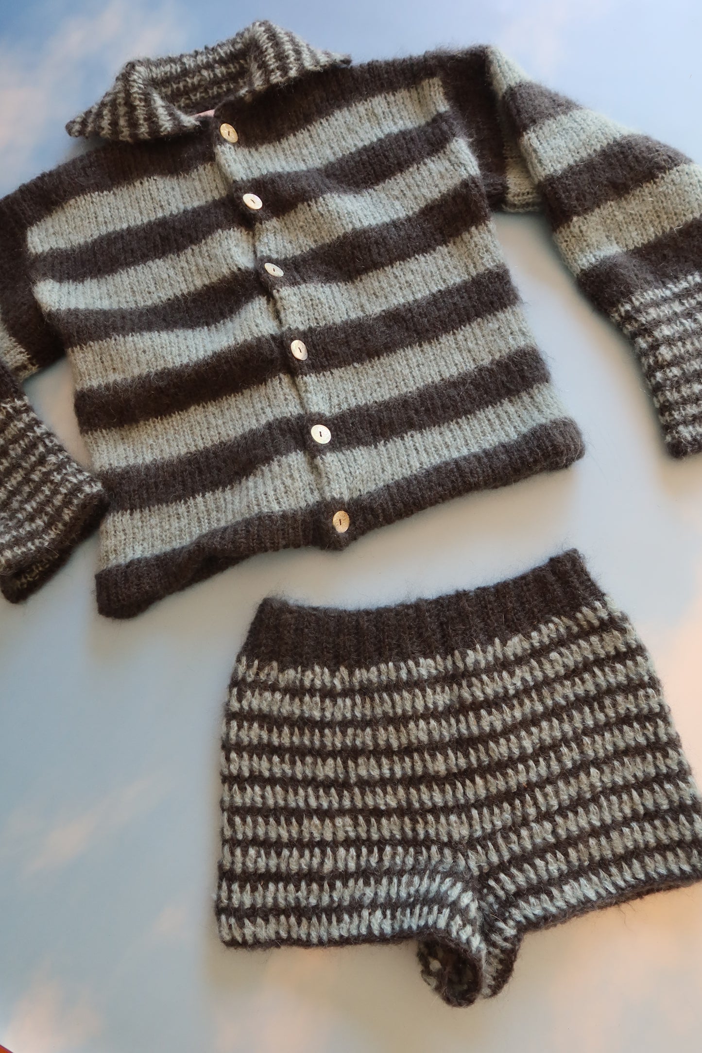 Brushed Mohair Striped Blue & Charcoal Grey Knit with Buttons