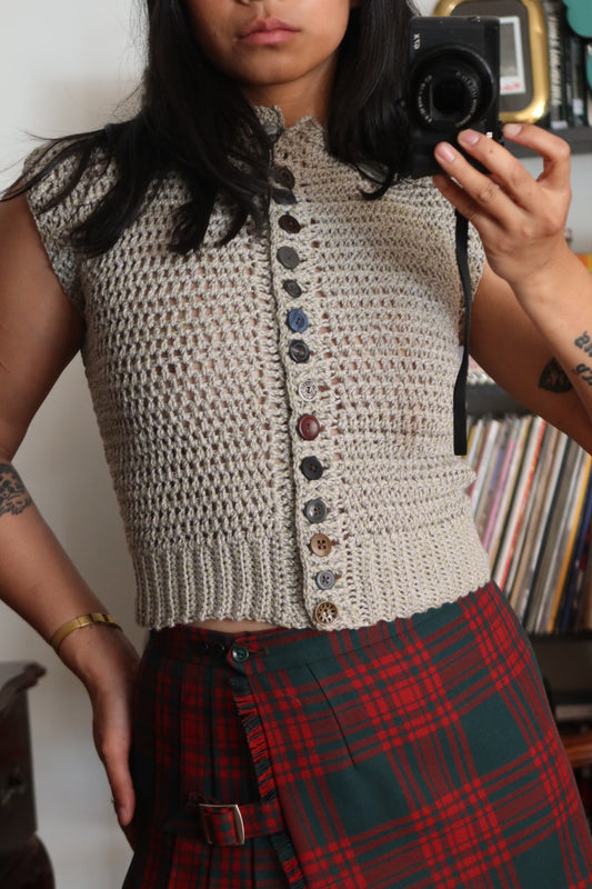 Soft Green Silk Cotton Crochet Vest with Buttons