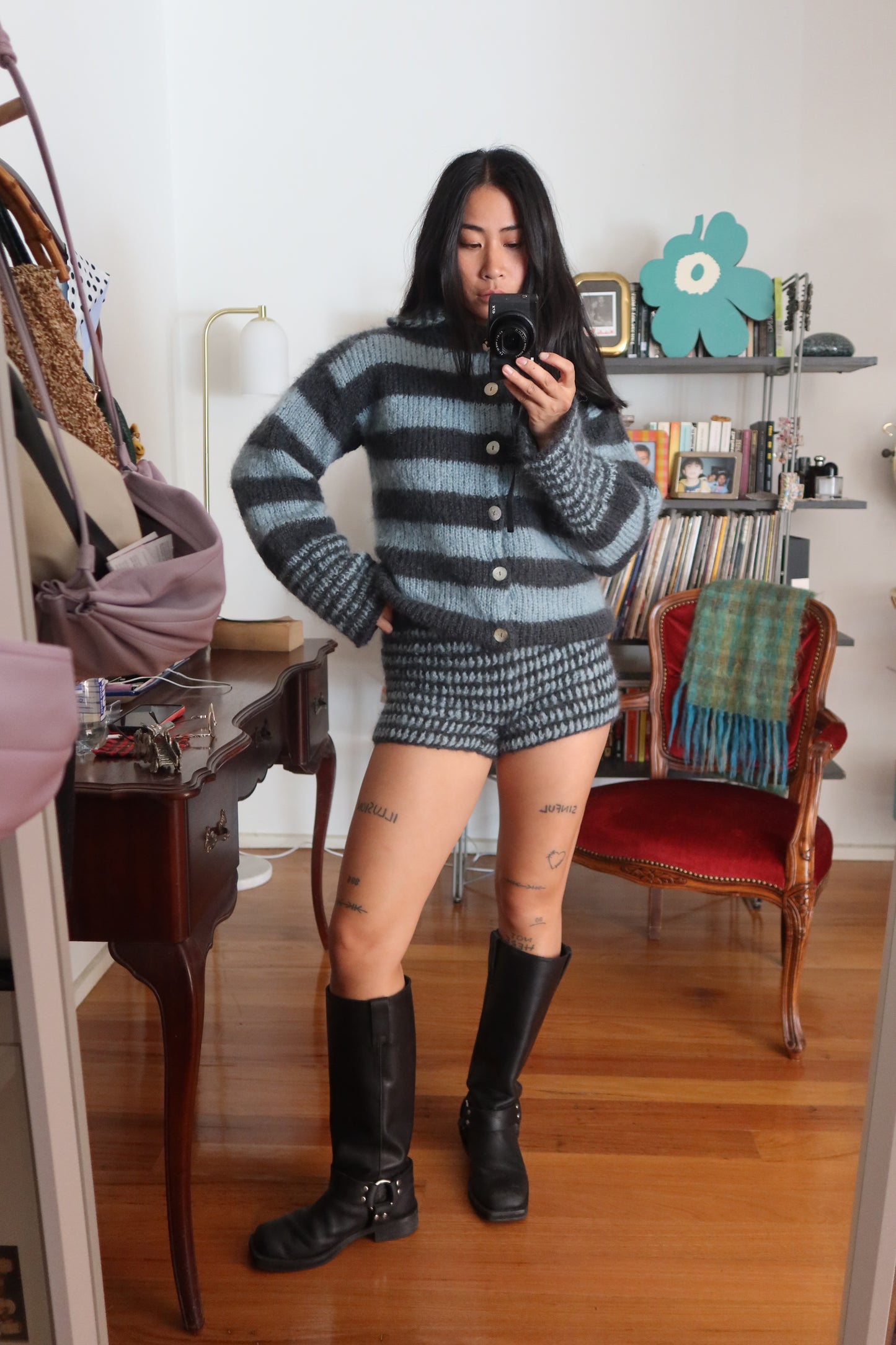 Brushed Mohair Striped Blue & Charcoal Grey Knit with Buttons