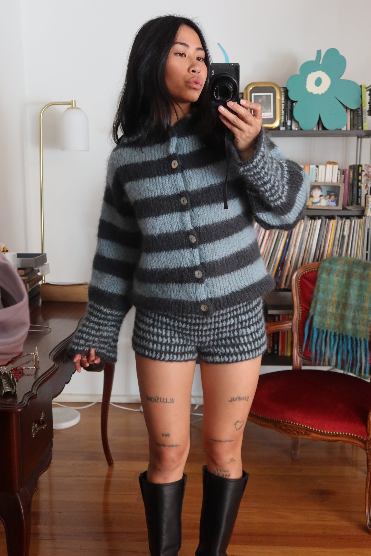 Micro Mini Mohair Striped Shorts in Blue & Charcoal Grey