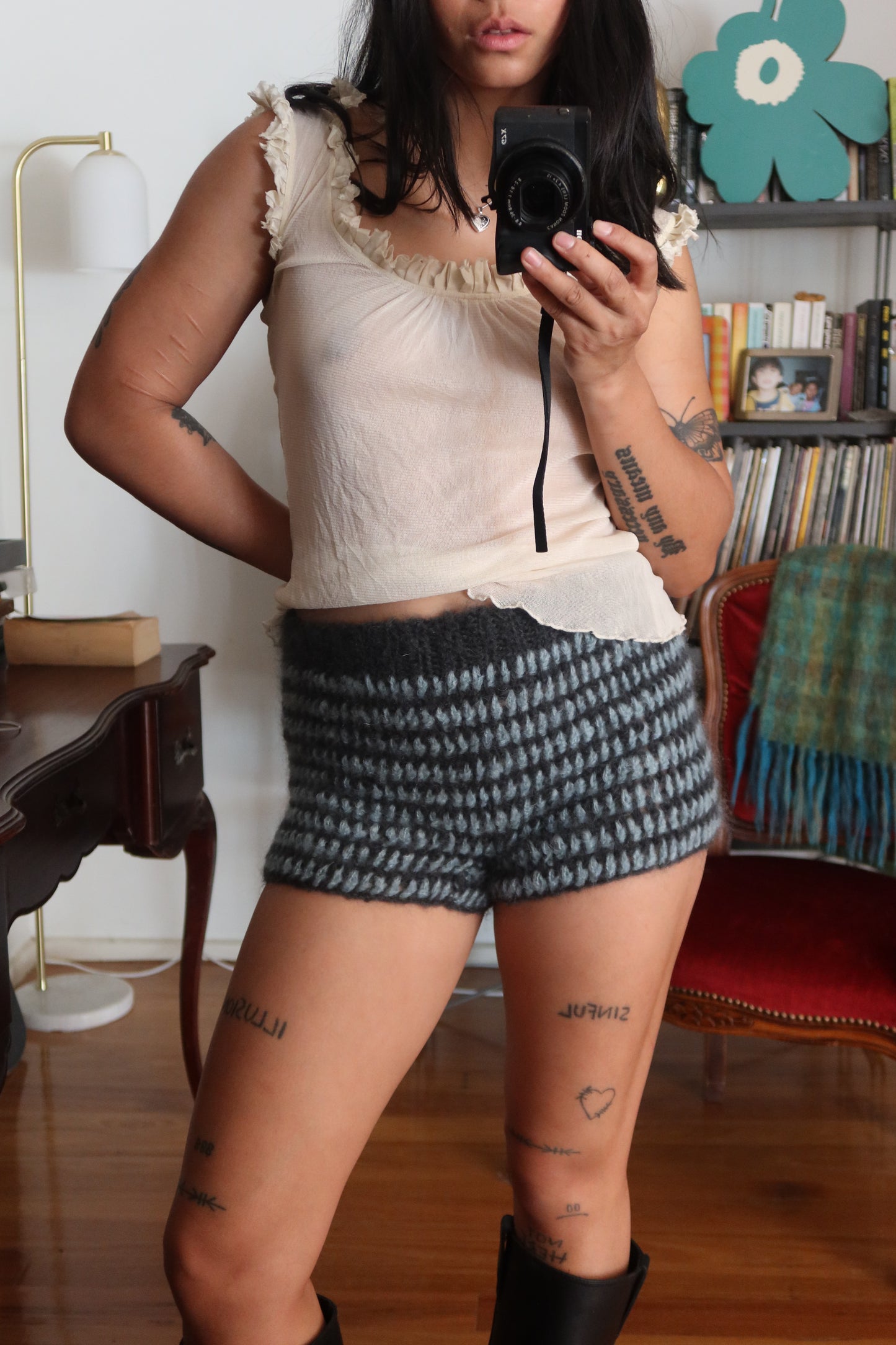 Micro Mini Mohair Striped Shorts in Blue & Charcoal Grey