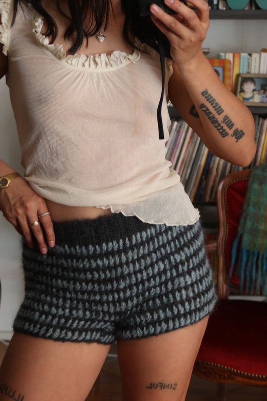 Micro Mini Mohair Striped Shorts in Blue & Charcoal Grey