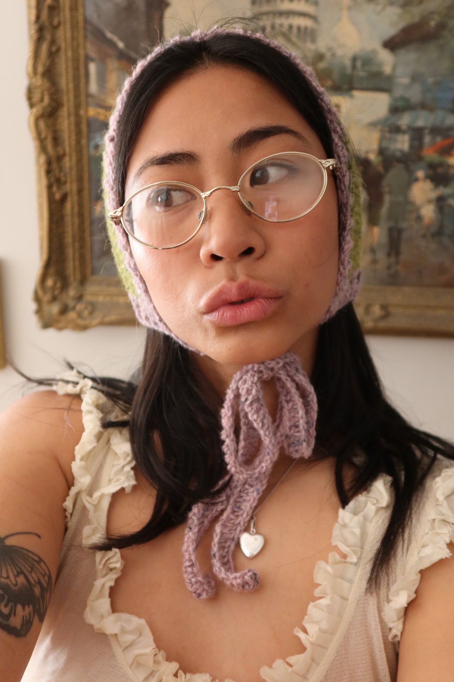 Green & Purple Felted Tweed Bowtie Bonnet